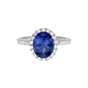 Oval Tanzanite and Diamond Halo Ring in 18k White Gold