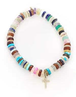 Pave Diamond Cross Charm on Multi Opal Bracelet
