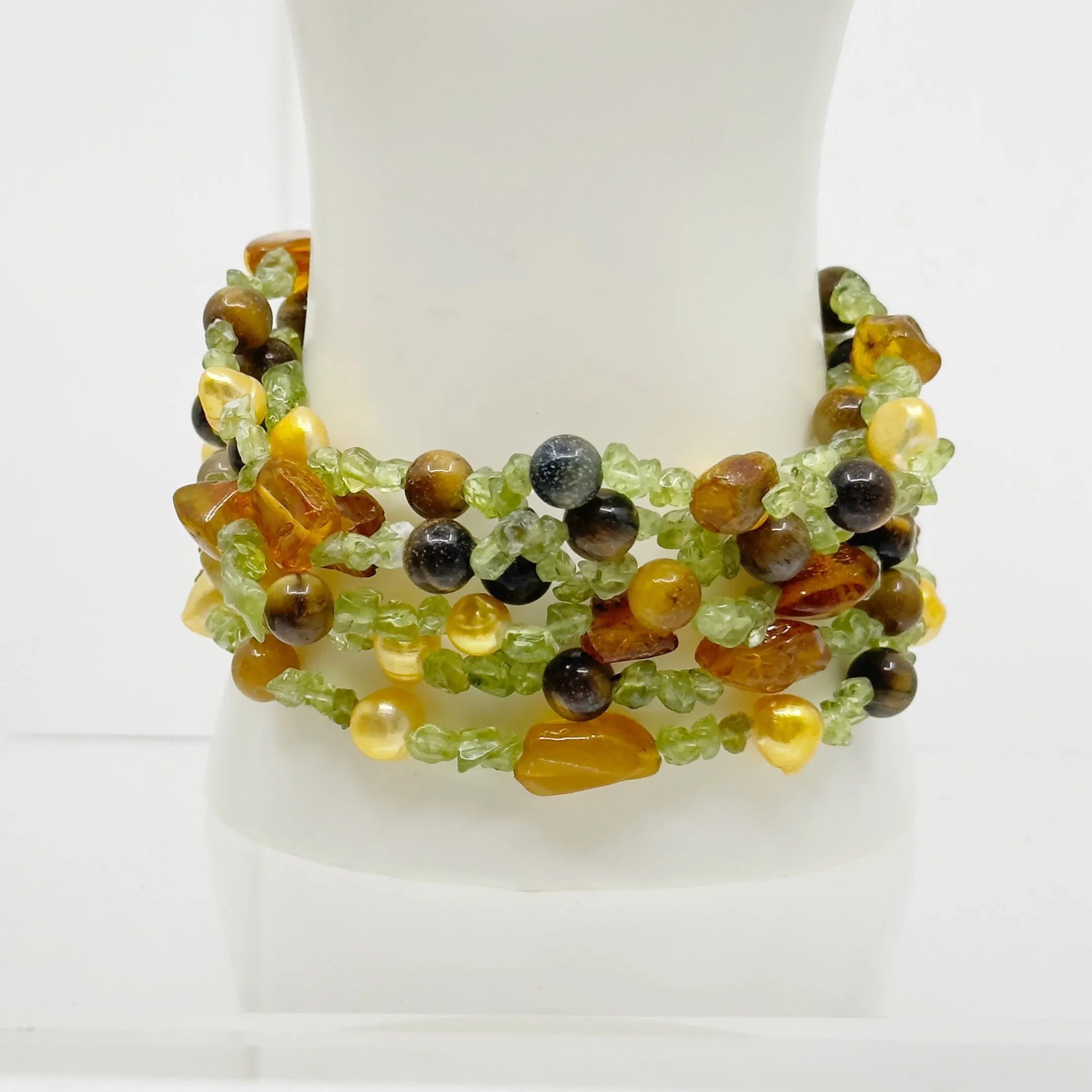 pearl peridot & tiger eye bead stretch bracelet