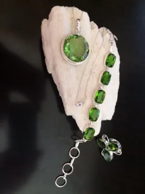 Peridot Quartz Round Handmade Pendant 1.5", Necklace, Ring & Bracelet Set