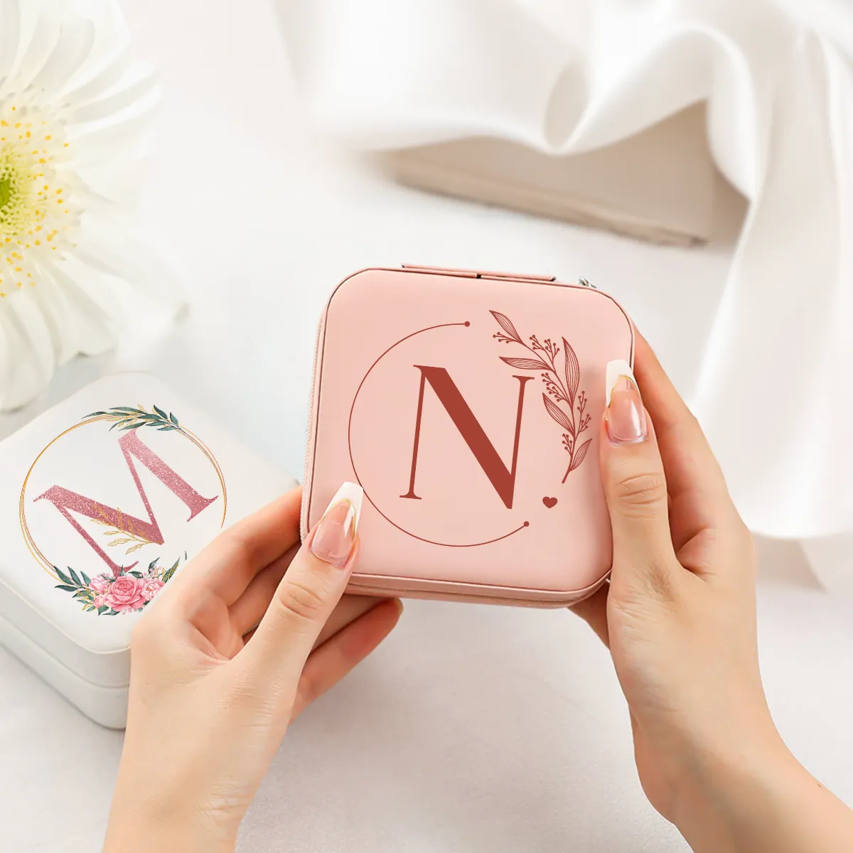 Personalized Jewelry Box, Pink Small Travel Jewelry Box with Initial N, Monogrammed Jewelry Case Organizer for Girls Women Teen, Mini Travel Essentials Gifts for Christmas Birthday