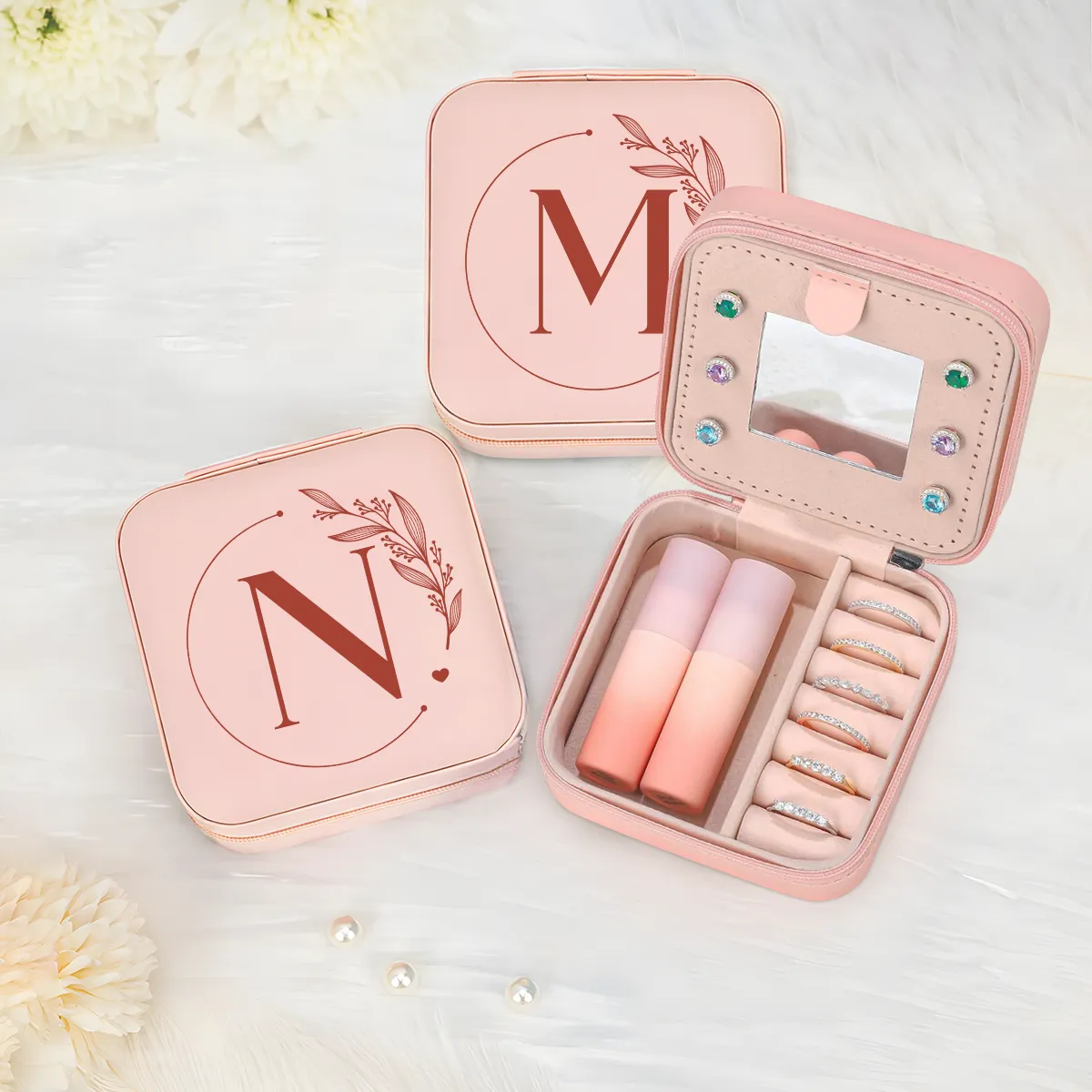 Personalized Jewelry Box, Pink Small Travel Jewelry Box with Initial N, Monogrammed Jewelry Case Organizer for Girls Women Teen, Mini Travel Essentials Gifts for Christmas Birthday