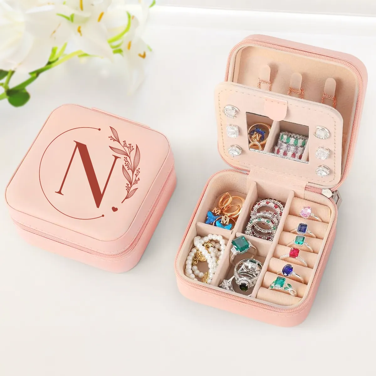 Personalized Jewelry Box, Pink Small Travel Jewelry Box with Initial N, Monogrammed Jewelry Case Organizer for Girls Women Teen, Mini Travel Essentials Gifts for Christmas Birthday