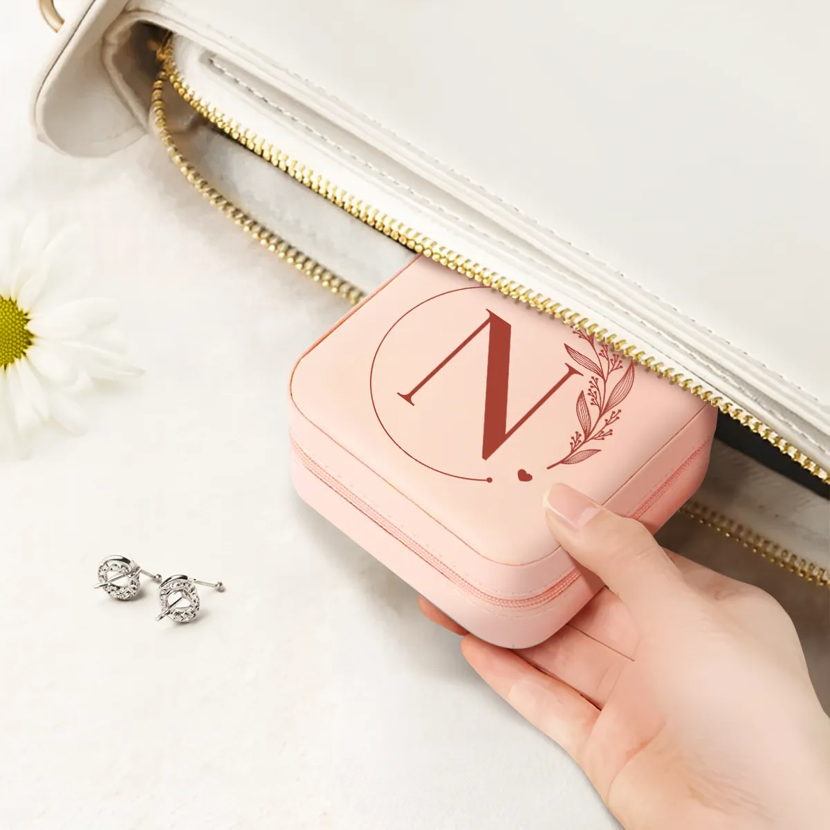 Personalized Jewelry Box, Pink Small Travel Jewelry Box with Initial N, Monogrammed Jewelry Case Organizer for Girls Women Teen, Mini Travel Essentials Gifts for Christmas Birthday