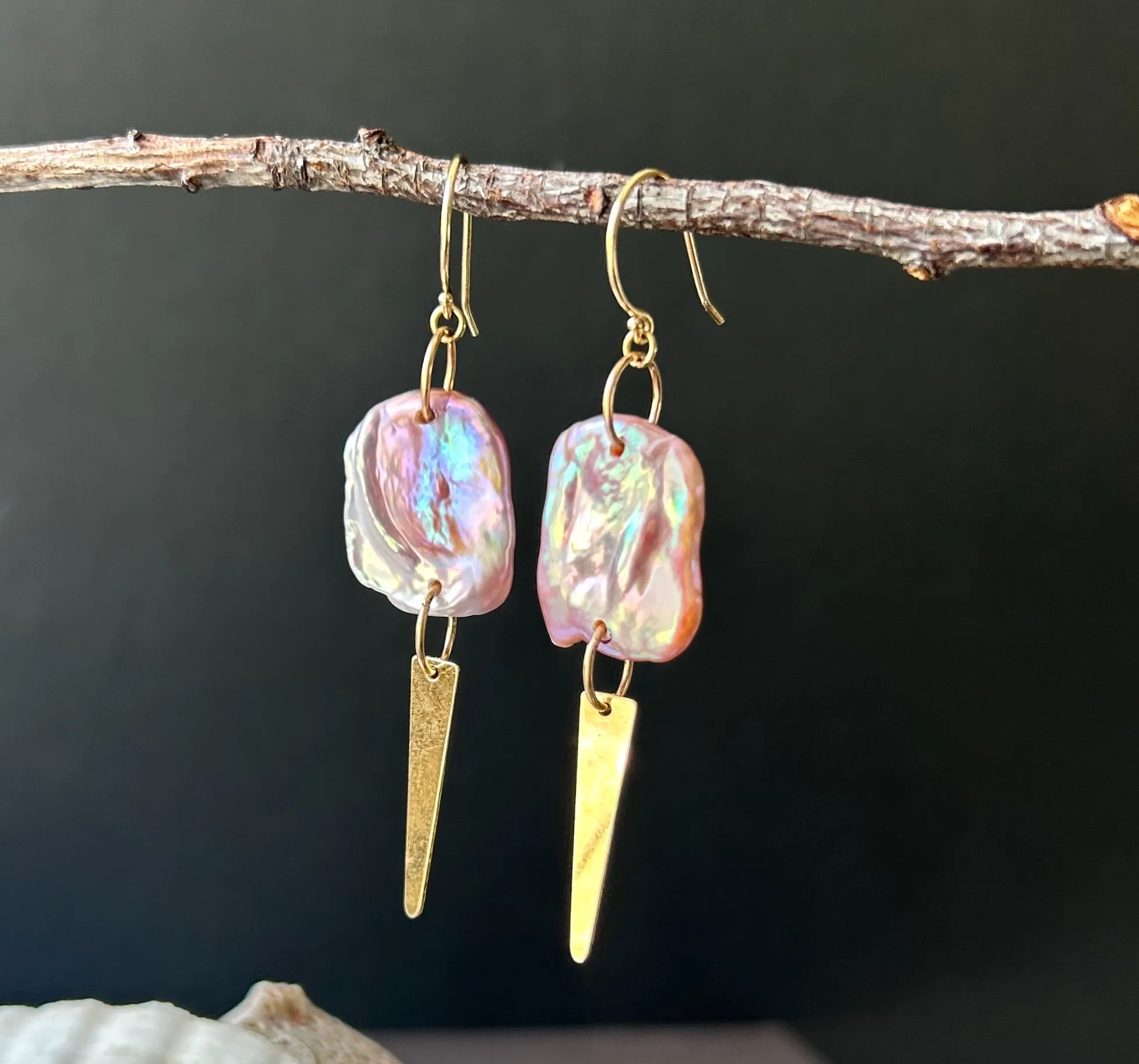 PINK AND MAUVE FRESHWATER KESHI AND GOLD DAGGER EARRINGS IN 14K GOLD