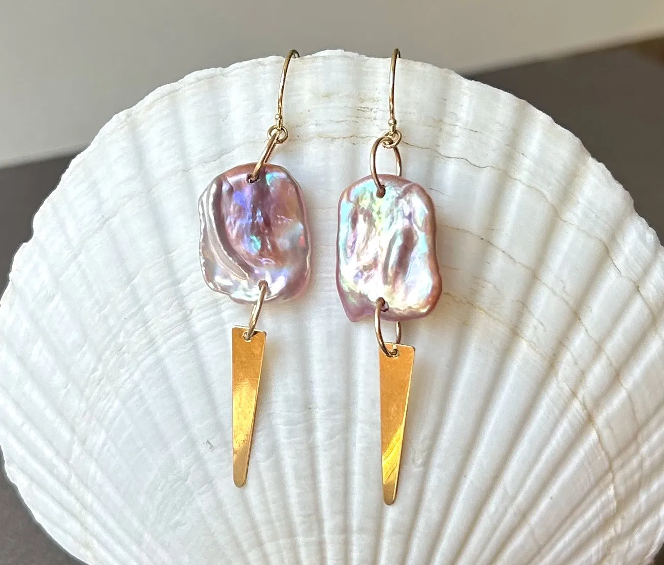 PINK AND MAUVE FRESHWATER KESHI AND GOLD DAGGER EARRINGS IN 14K GOLD