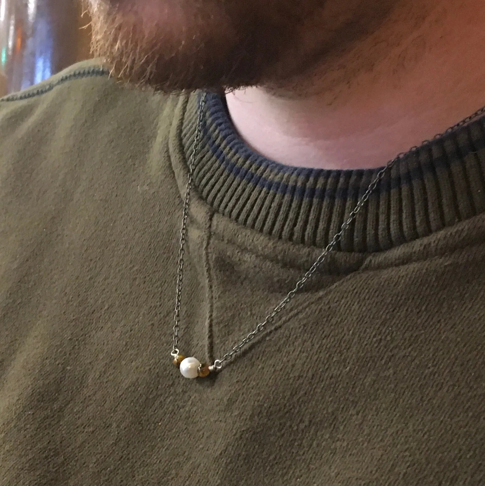 Real Pearls for Real Men! Single Pearl Choker on Chain with Tiger Eye