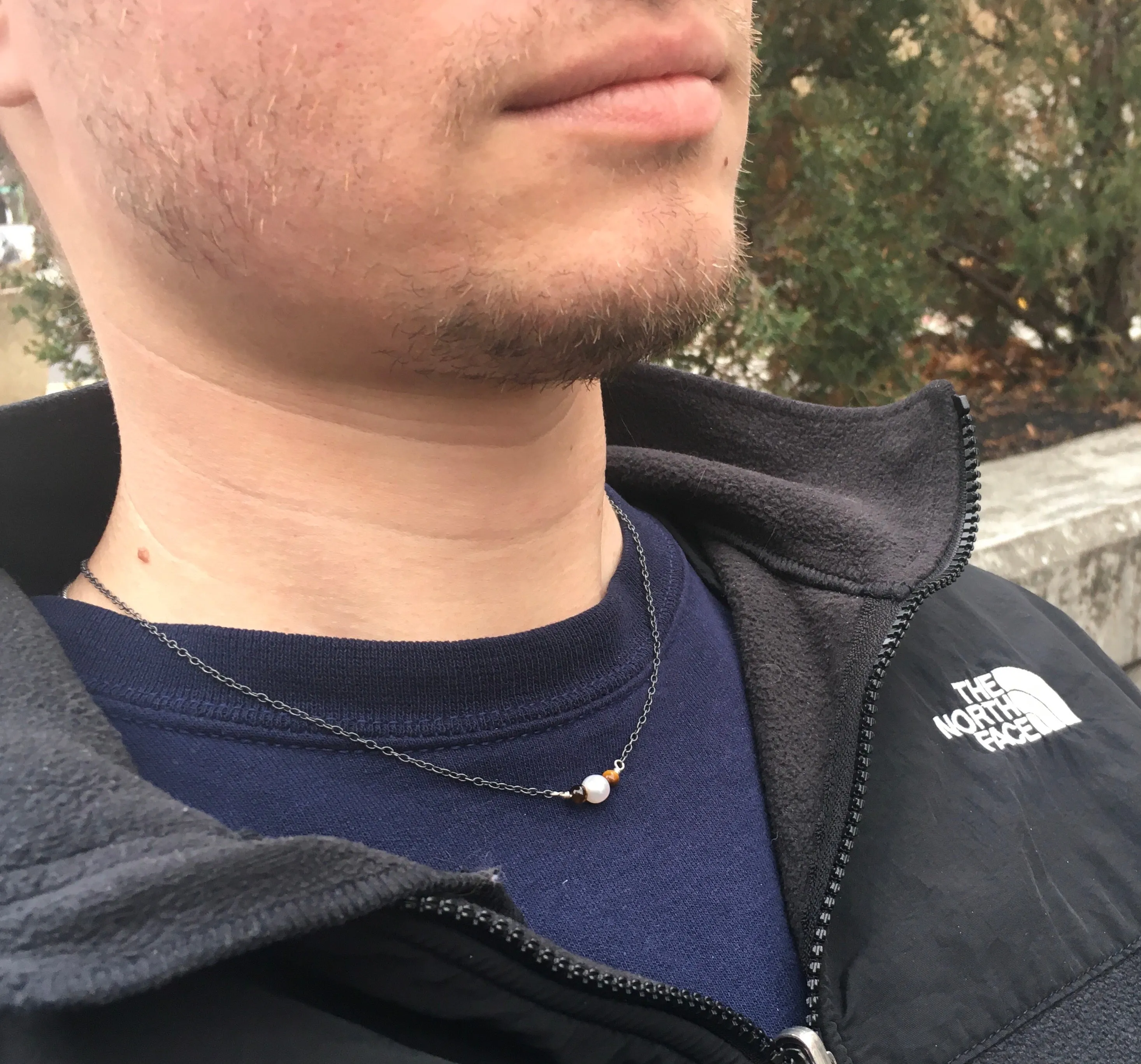 Real Pearls for Real Men! Single Pearl Choker on Chain with Tiger Eye