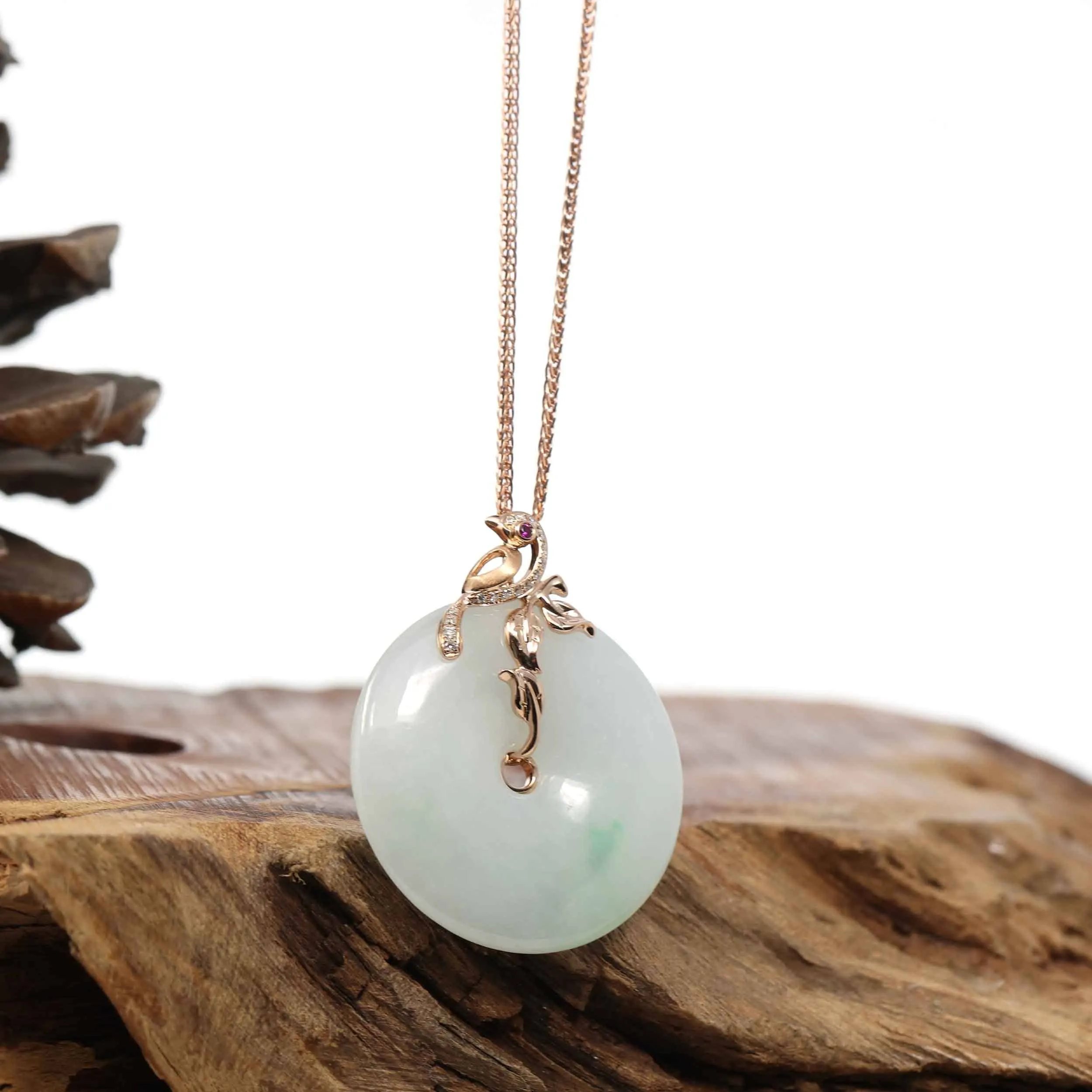 RealJade® 18k Rose Gold Genuine Burmese Jadeite Lucky Kou Kou Pendant Necklace With AA Ruby