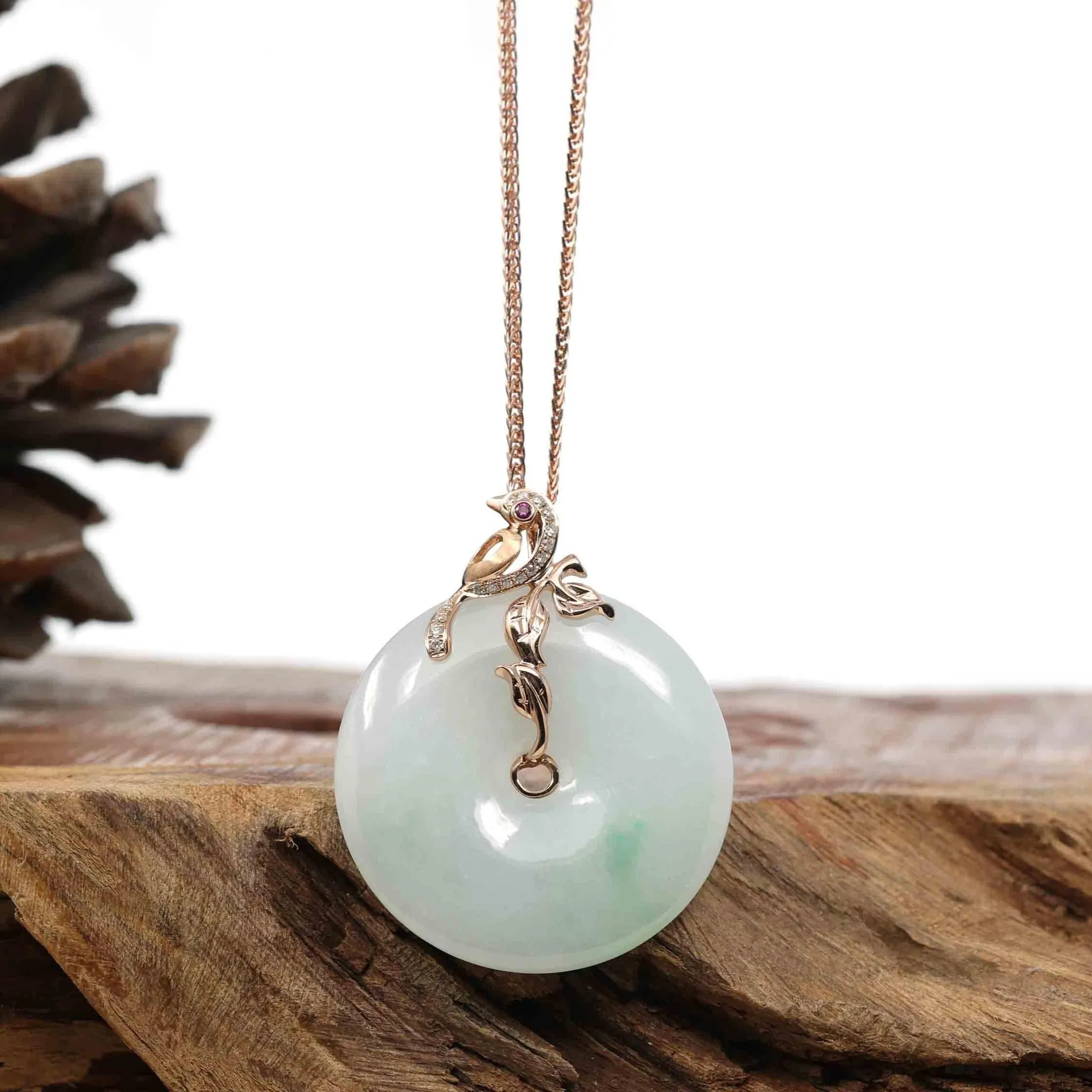 RealJade® 18k Rose Gold Genuine Burmese Jadeite Lucky Kou Kou Pendant Necklace With AA Ruby