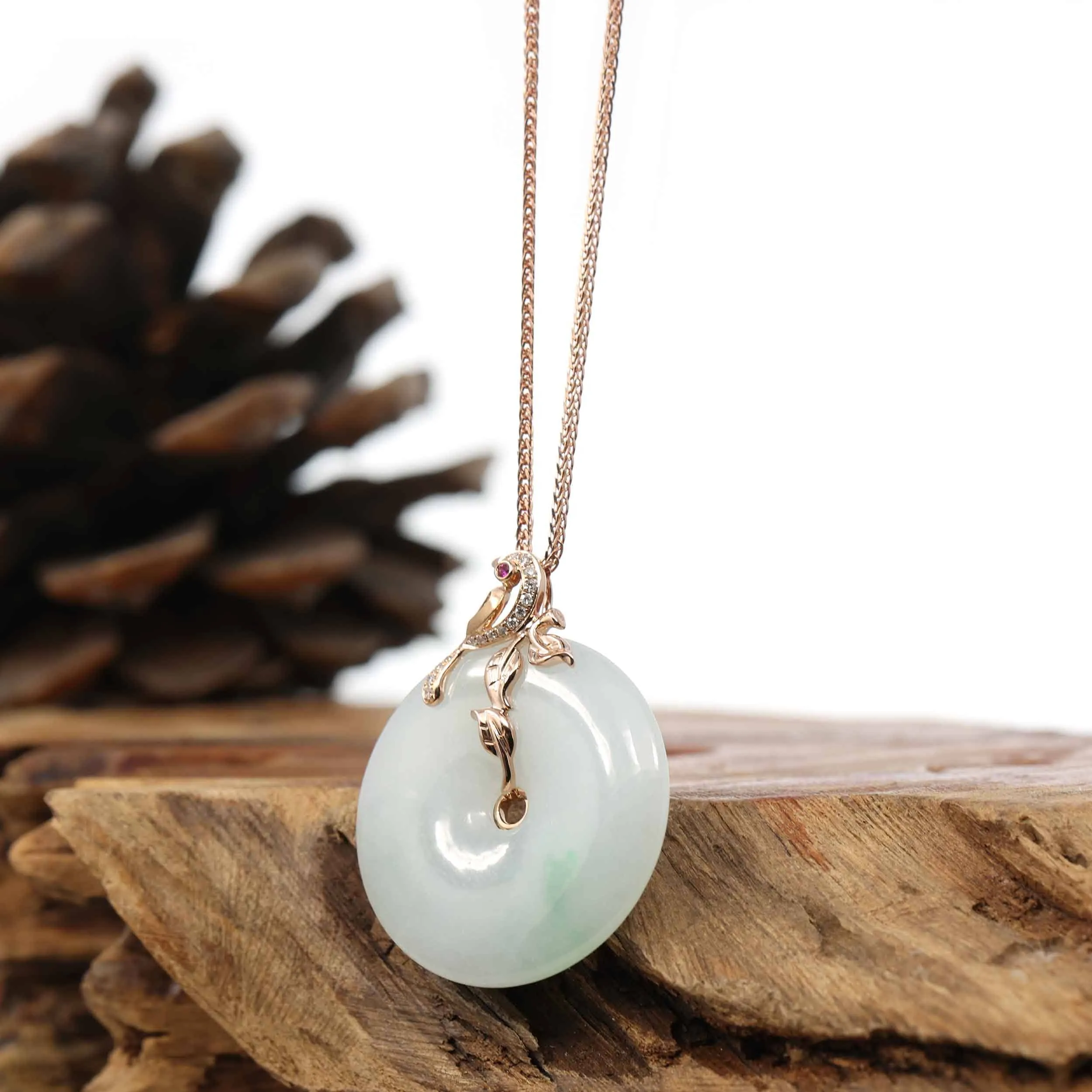 RealJade® 18k Rose Gold Genuine Burmese Jadeite Lucky Kou Kou Pendant Necklace With AA Ruby