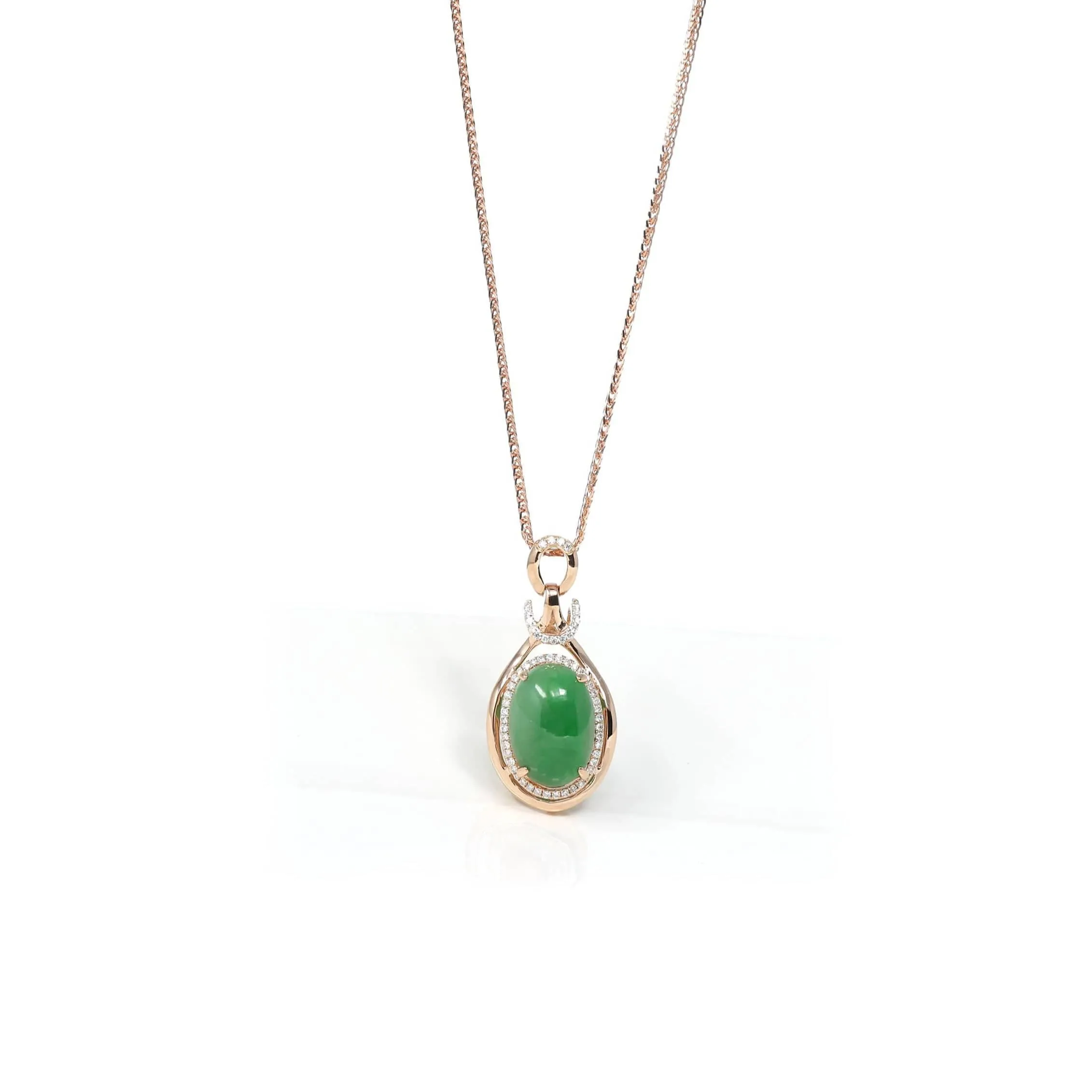RealJade® Co. 18K Rose Gold Oval Imperial Jadeite Jade Cabochon Necklace with Diamonds