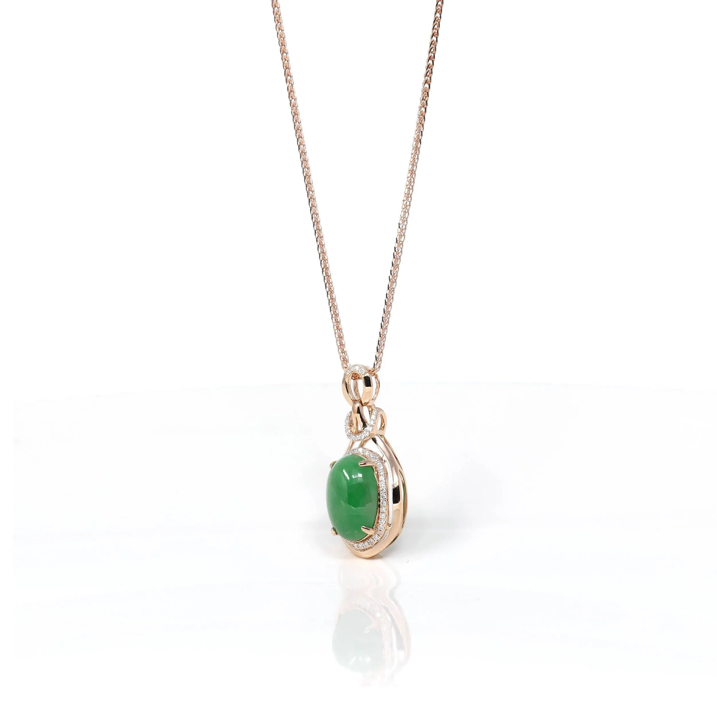 RealJade® Co. 18K Rose Gold Oval Imperial Jadeite Jade Cabochon Necklace with Diamonds