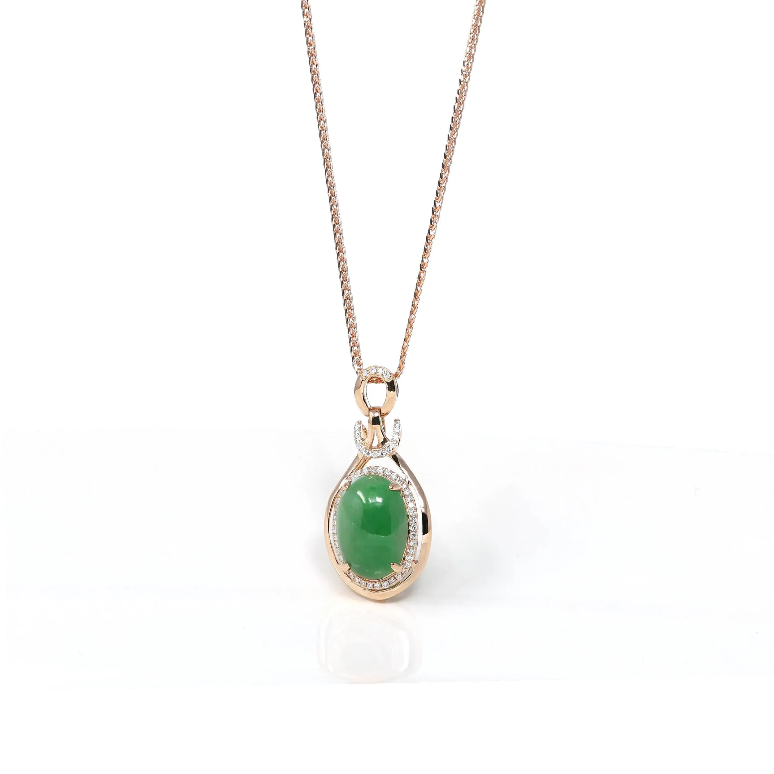 RealJade® Co. 18K Rose Gold Oval Imperial Jadeite Jade Cabochon Necklace with Diamonds