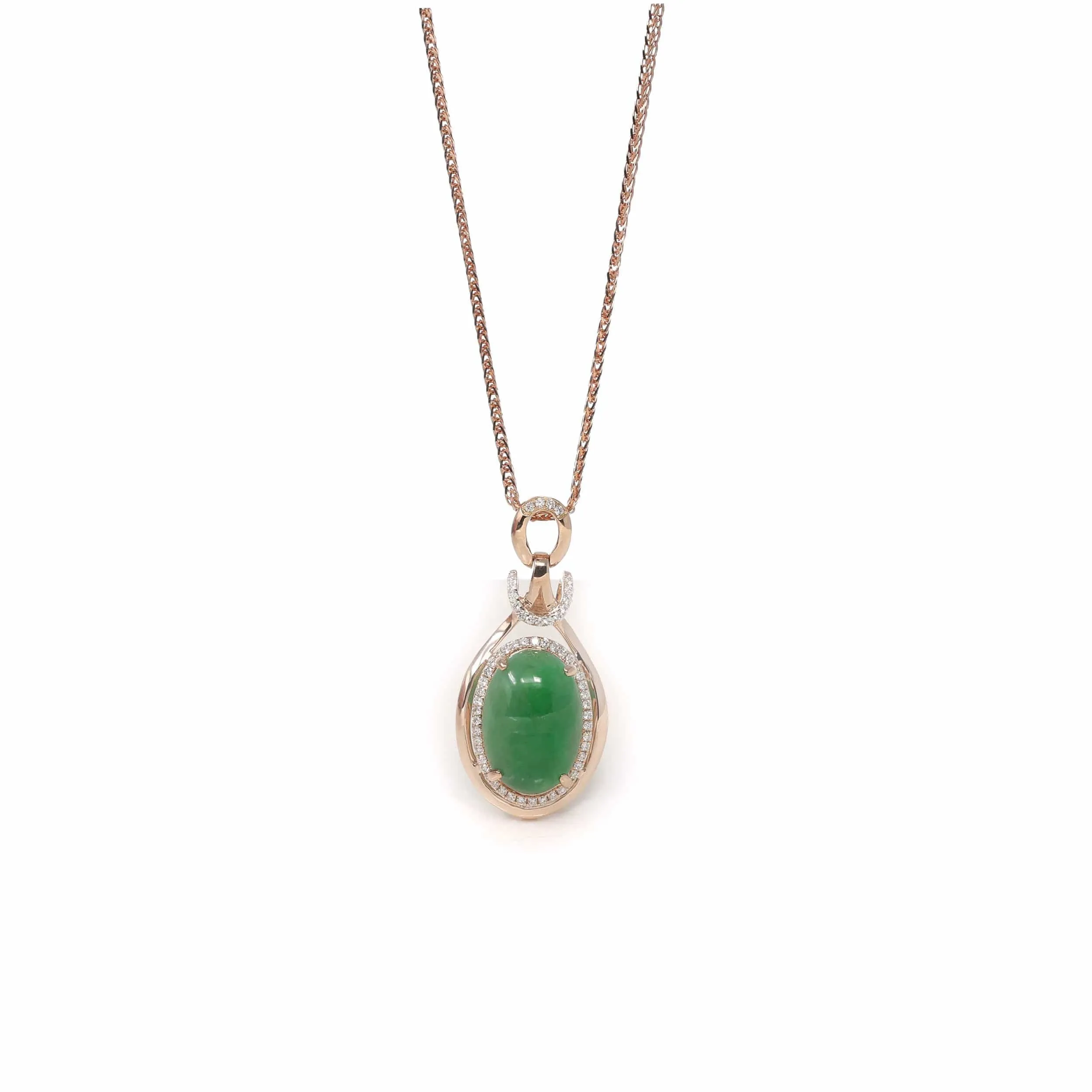 RealJade® Co. 18K Rose Gold Oval Imperial Jadeite Jade Cabochon Necklace with Diamonds