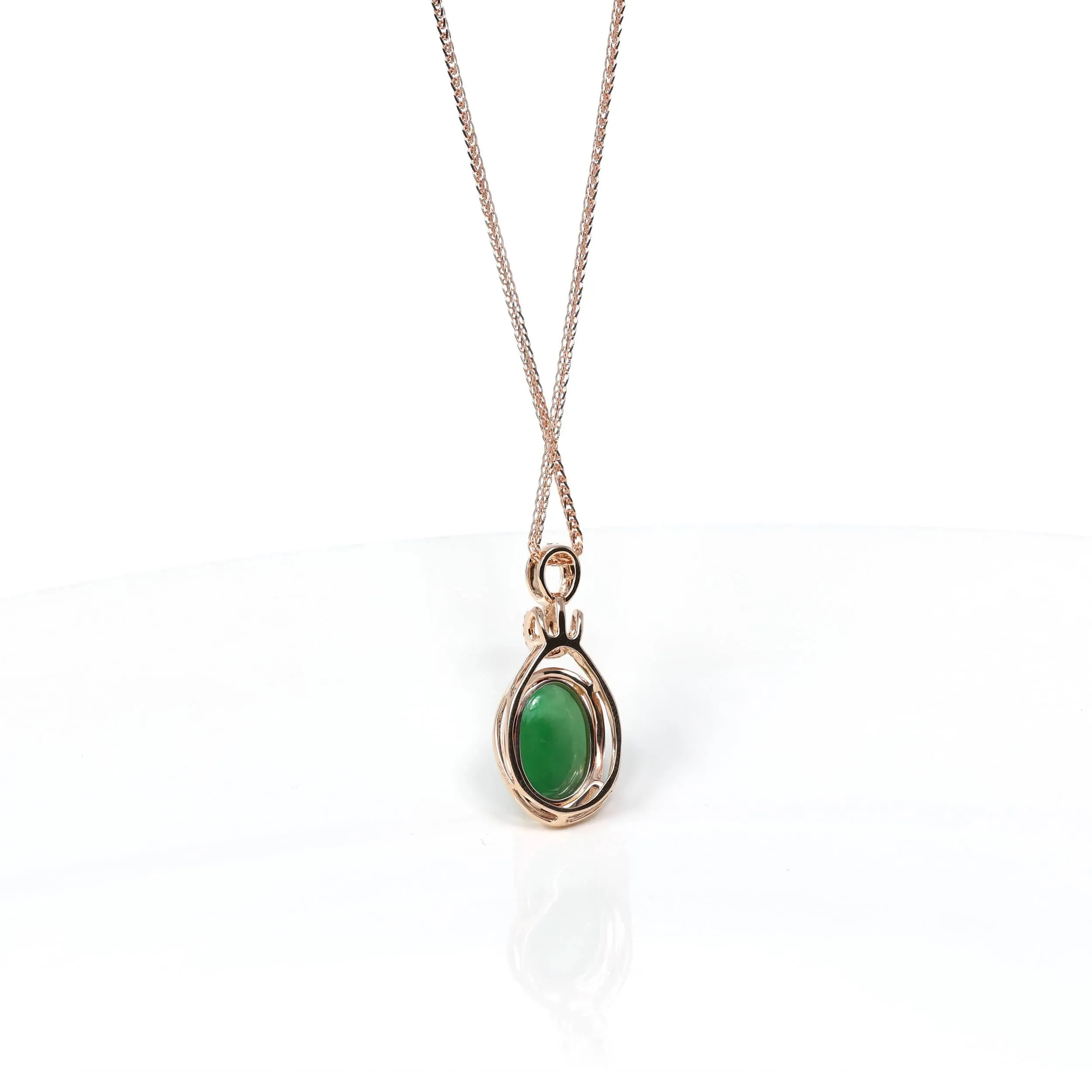 RealJade® Co. 18K Rose Gold Oval Imperial Jadeite Jade Cabochon Necklace with Diamonds