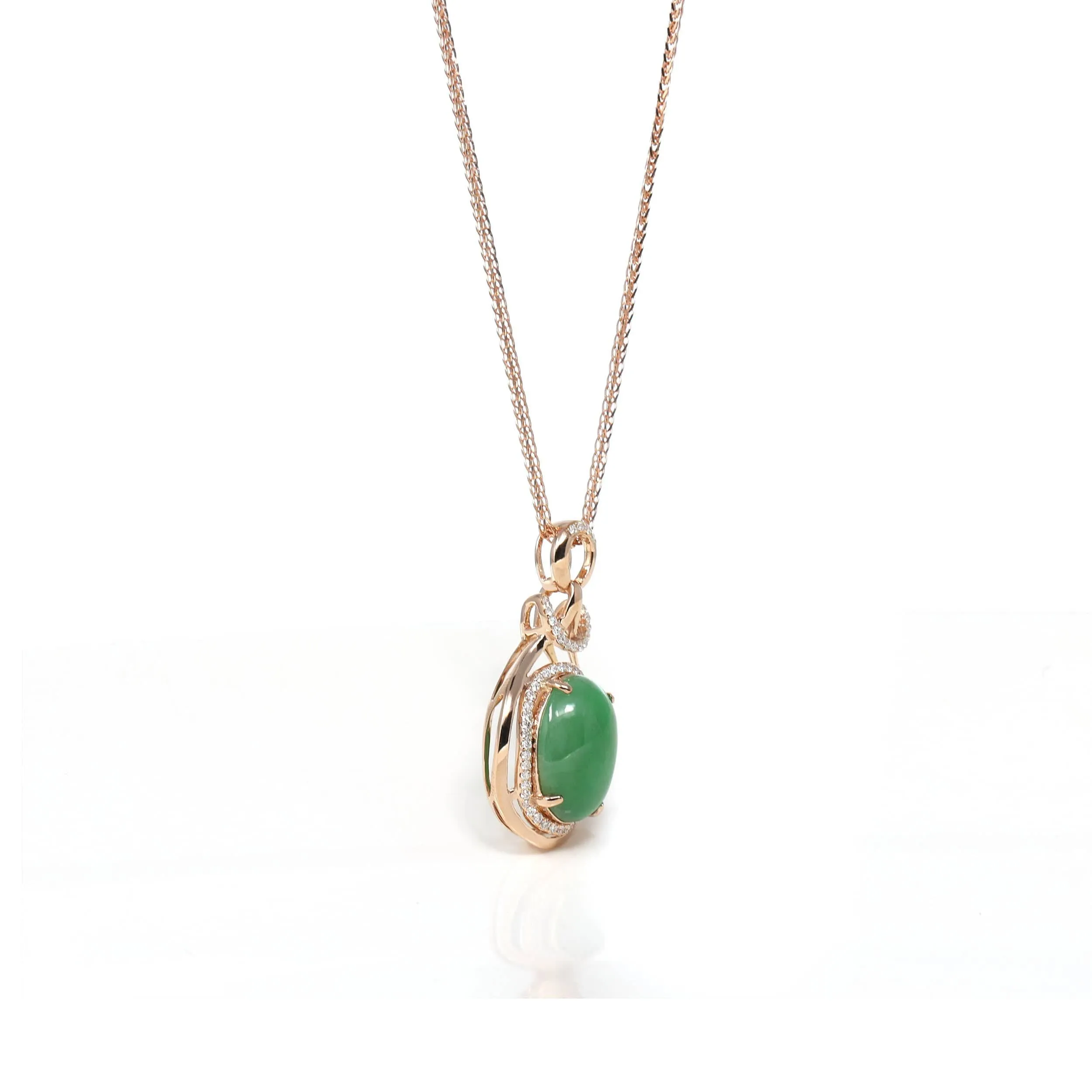 RealJade® Co. 18K Rose Gold Oval Imperial Jadeite Jade Cabochon Necklace with Diamonds