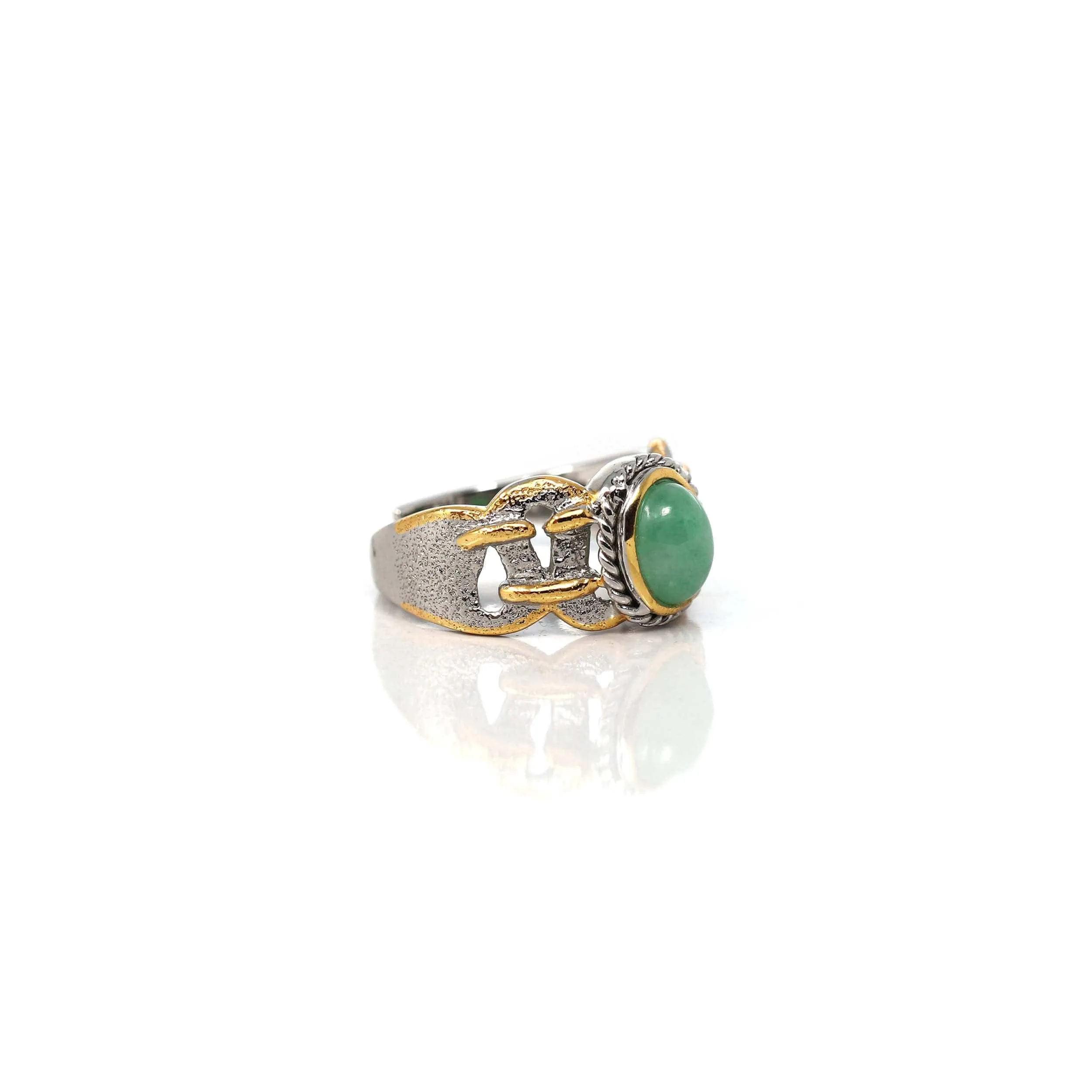 RealJade® Co. Antique Natural Jadeite Jade Sterling Silver Gold Plated Two Tone Ring