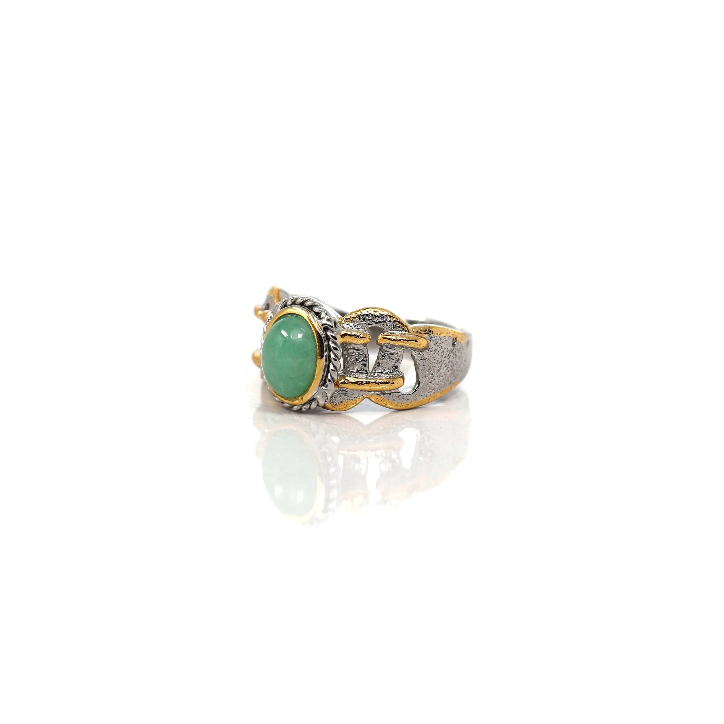 RealJade® Co. Antique Natural Jadeite Jade Sterling Silver Gold Plated Two Tone Ring