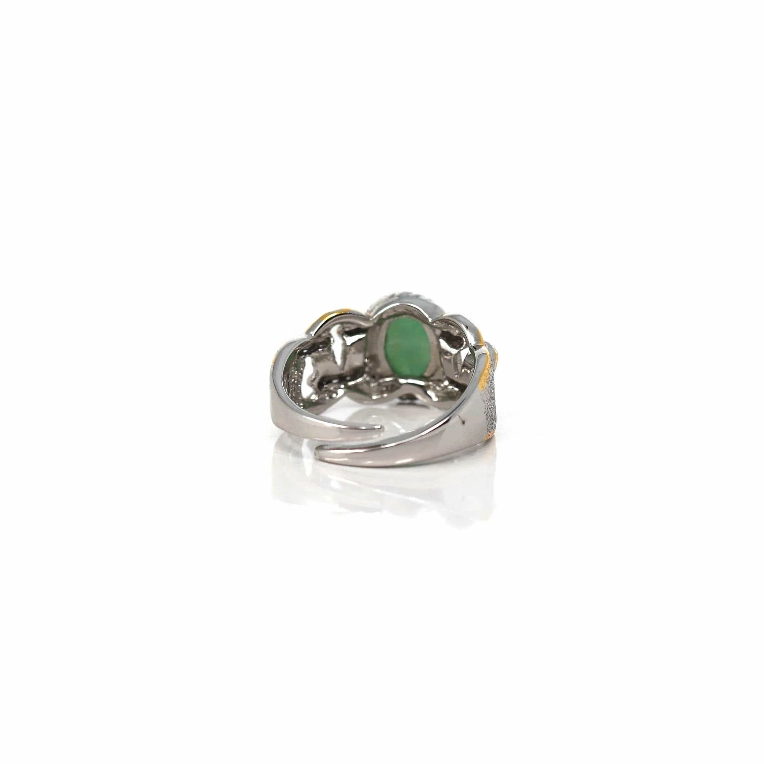 RealJade® Co. Antique Natural Jadeite Jade Sterling Silver Gold Plated Two Tone Ring