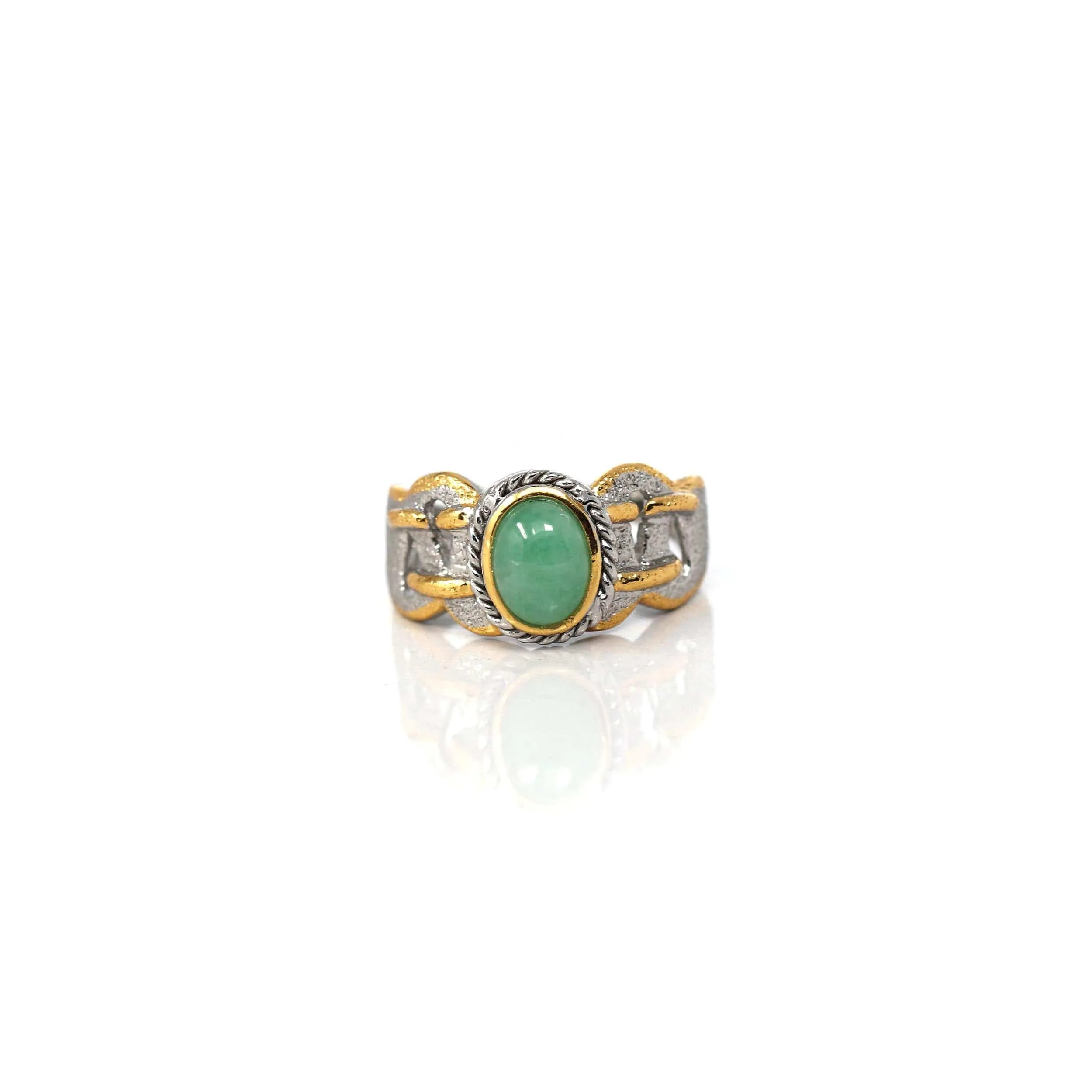 RealJade® Co. Antique Natural Jadeite Jade Sterling Silver Gold Plated Two Tone Ring