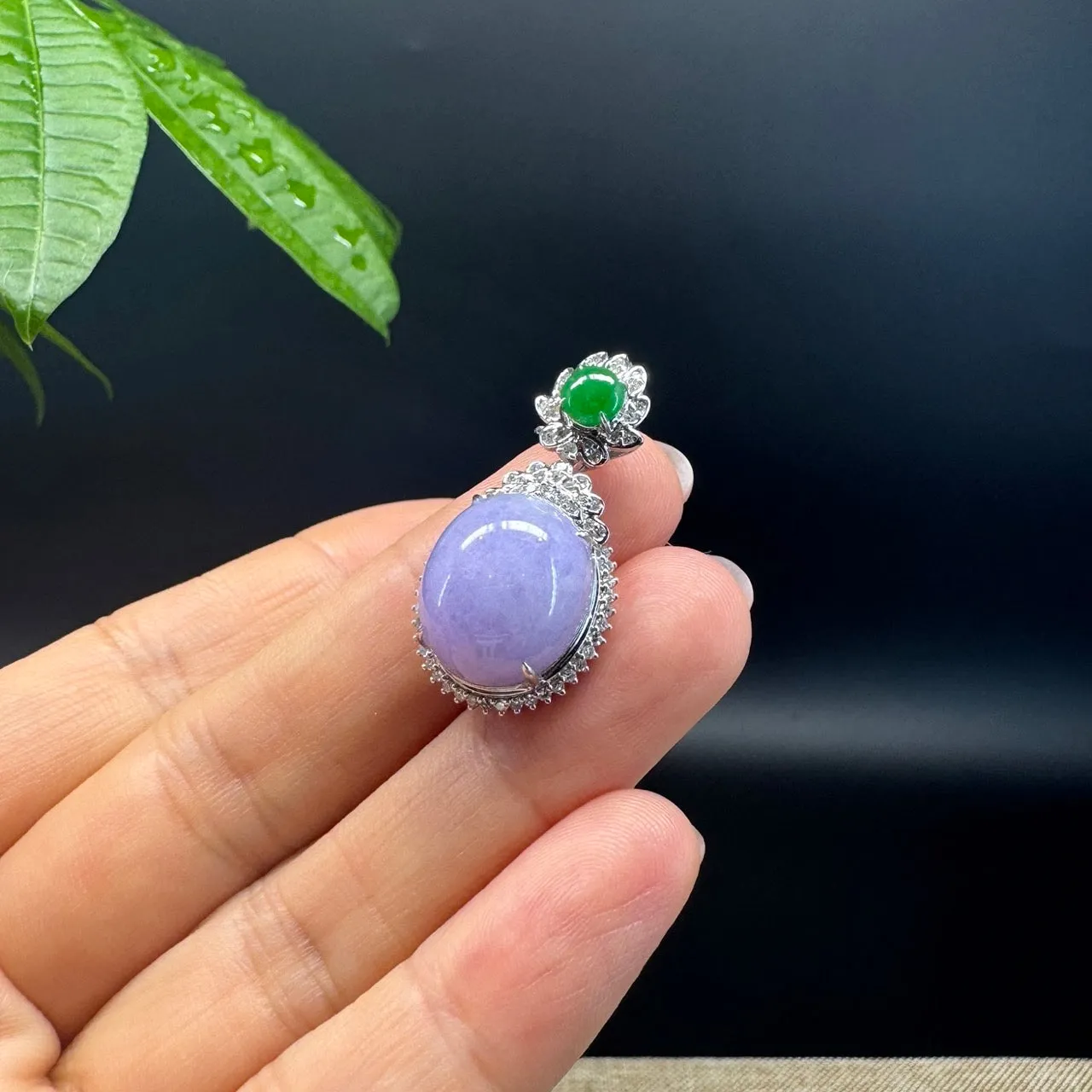 RealJade® Co. Luxury Genuine Lavender Jadeite Jade Cabochon  Necklace With 18K White Gold Bail