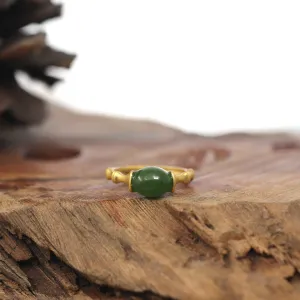RealJade® Co. "Classic Oval Bamboo" Sterling Silver Natural Green Nephrite Jade Adjustable Ring For Her