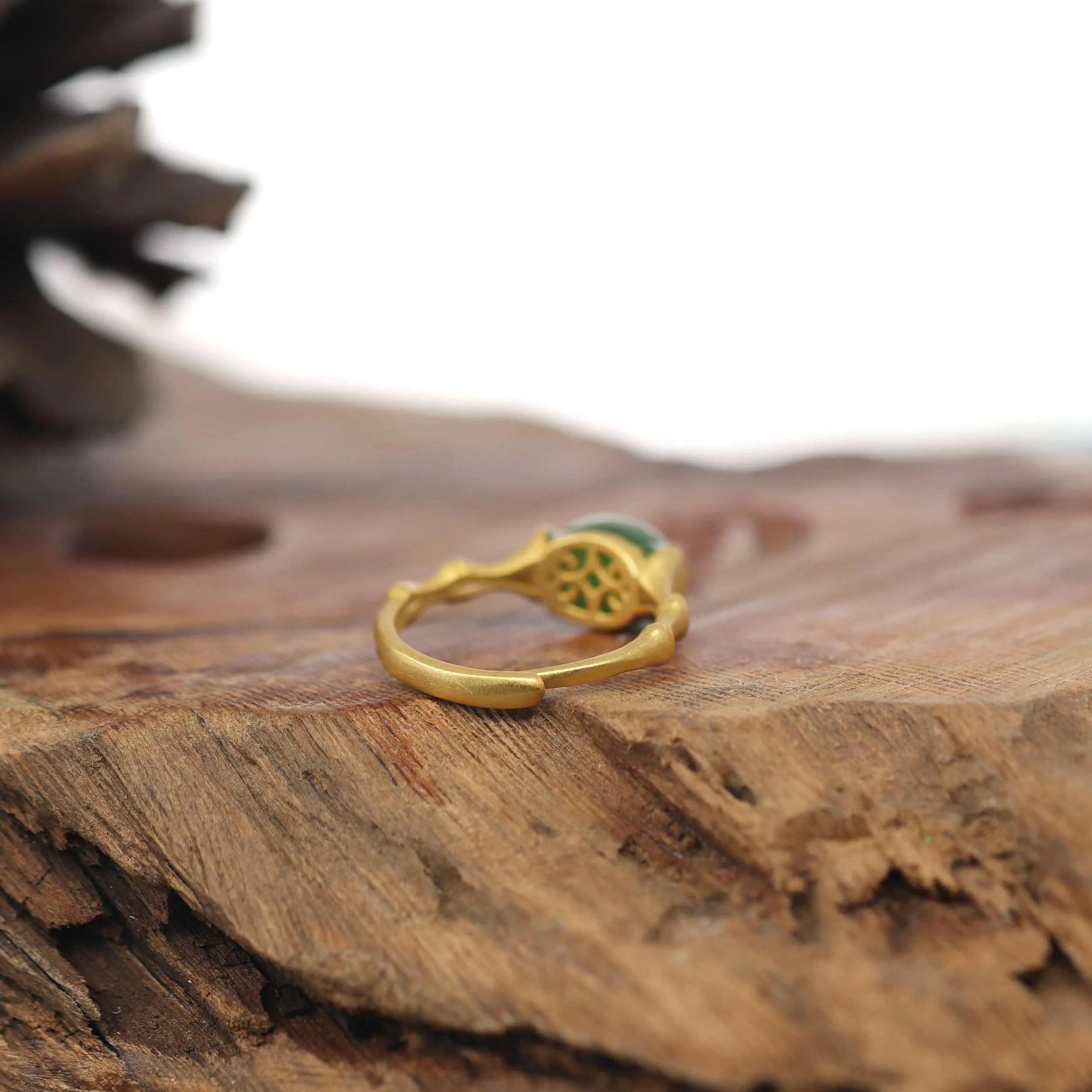 RealJade® Co. "Classic Oval Bamboo" Sterling Silver Natural Green Nephrite Jade Adjustable Ring For Her