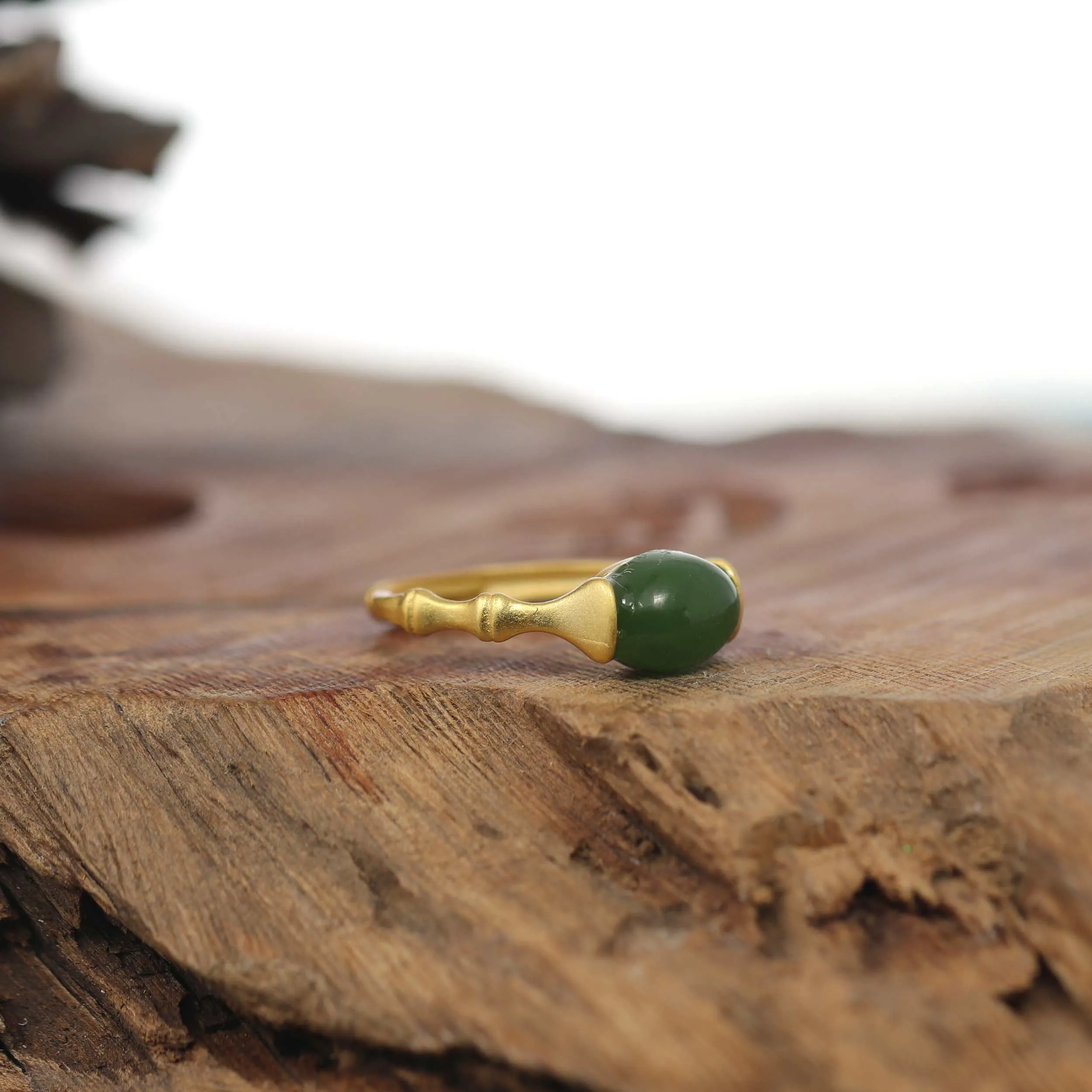 RealJade® Co. "Classic Oval Bamboo" Sterling Silver Natural Green Nephrite Jade Adjustable Ring For Her