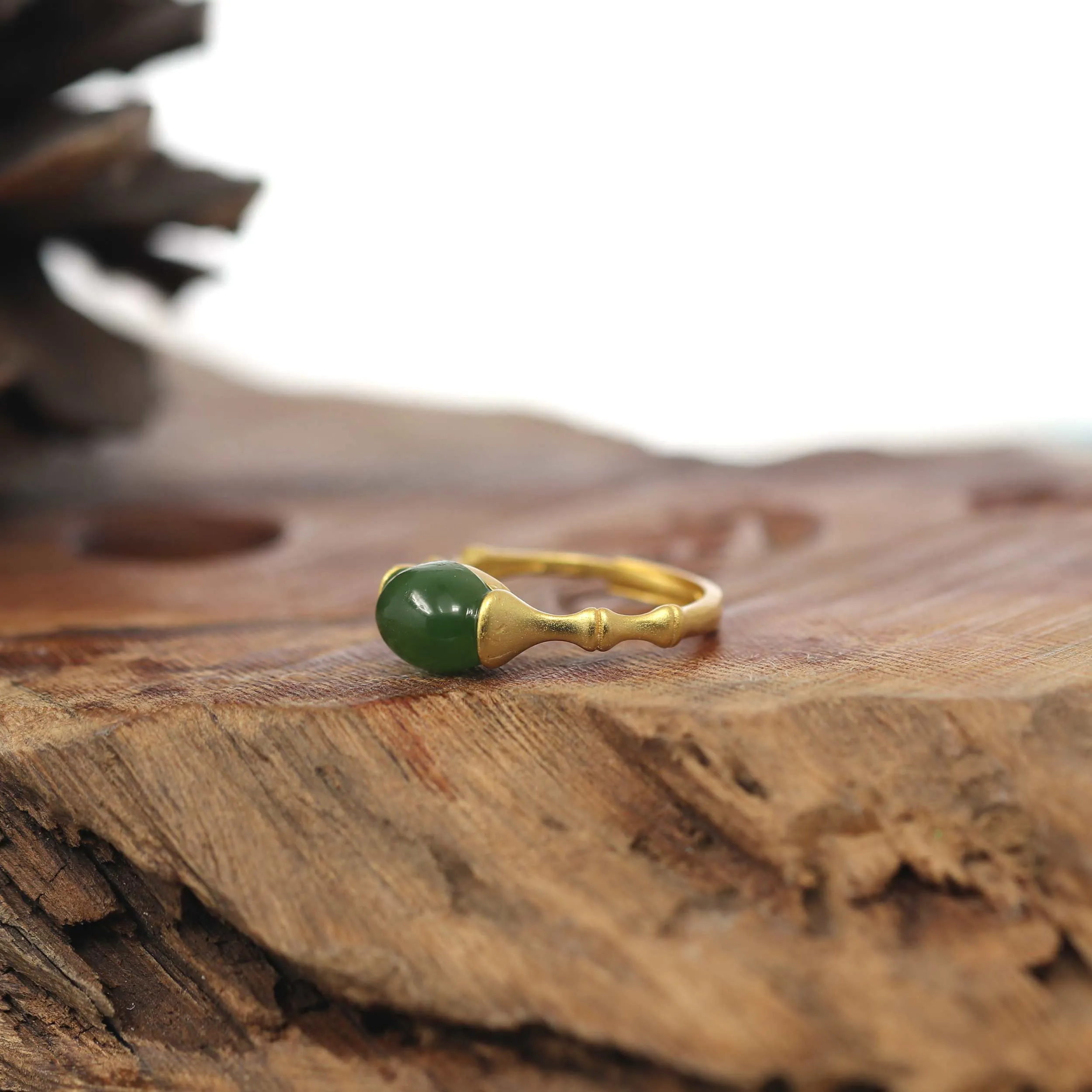 RealJade® Co. "Classic Oval Bamboo" Sterling Silver Natural Green Nephrite Jade Adjustable Ring For Her