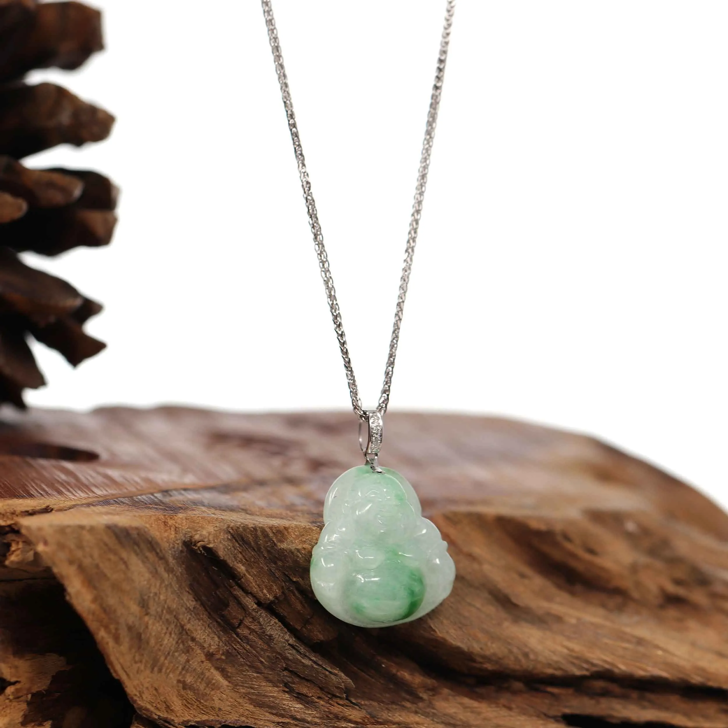 RealJade® Co. "Laughing Buddha" Genuine Vibrant Green Jadeite Buddha Pendant Necklace With 14k White Gold Diamond  Bail