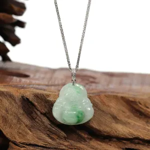 RealJade® Co. "Laughing Buddha" Genuine Vibrant Green Jadeite Buddha Pendant Necklace With 14k White Gold Diamond  Bail