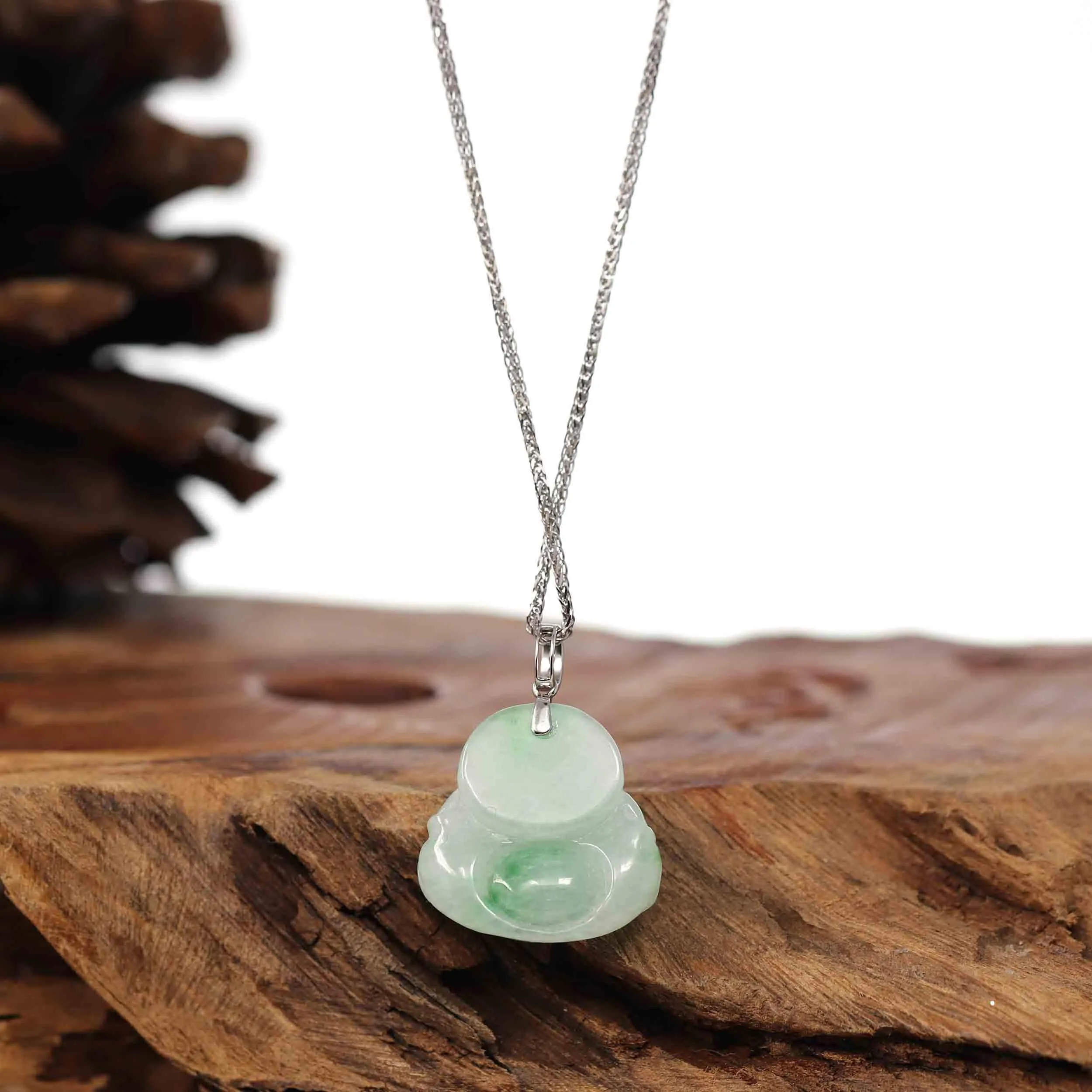 RealJade® Co. "Laughing Buddha" Genuine Vibrant Green Jadeite Buddha Pendant Necklace With 14k White Gold Diamond  Bail