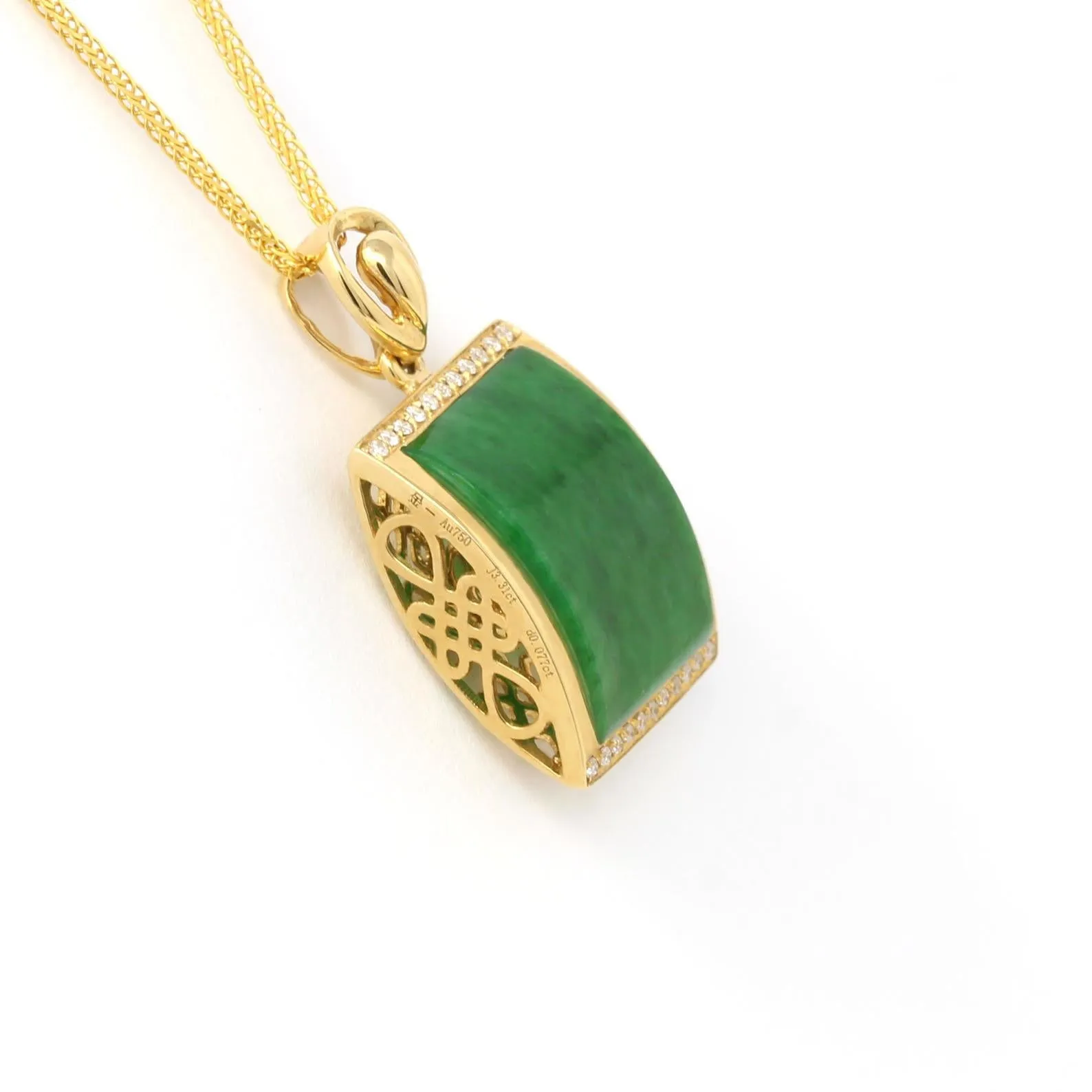 RealJade® Co. "Lucky Bamboo" 18k White Gold Genuine Burmese Jadeite RuYi Pendant Necklace With Diamond