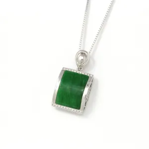 RealJade® Co. "Lucky Bamboo" 18k White Gold Genuine Burmese Jadeite RuYi Pendant Necklace With Diamond