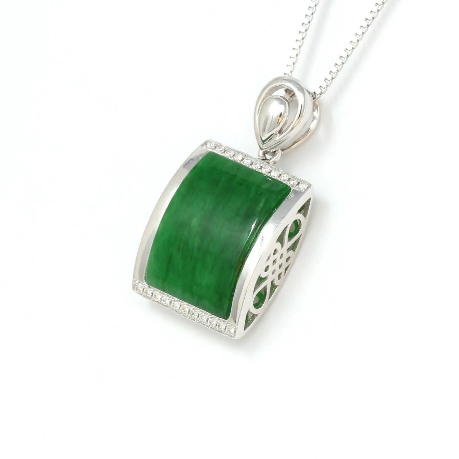 RealJade® Co. "Lucky Bamboo" 18k White Gold Genuine Burmese Jadeite RuYi Pendant Necklace With Diamond