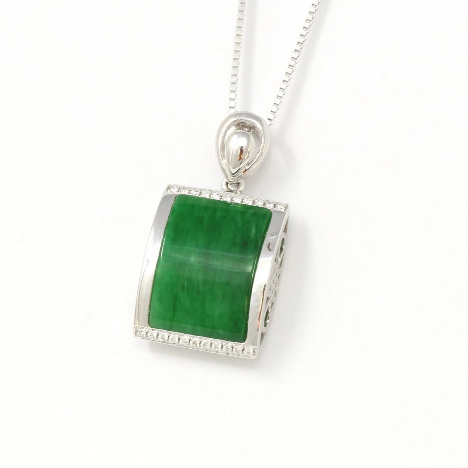 RealJade® Co. "Lucky Bamboo" 18k White Gold Genuine Burmese Jadeite RuYi Pendant Necklace With Diamond