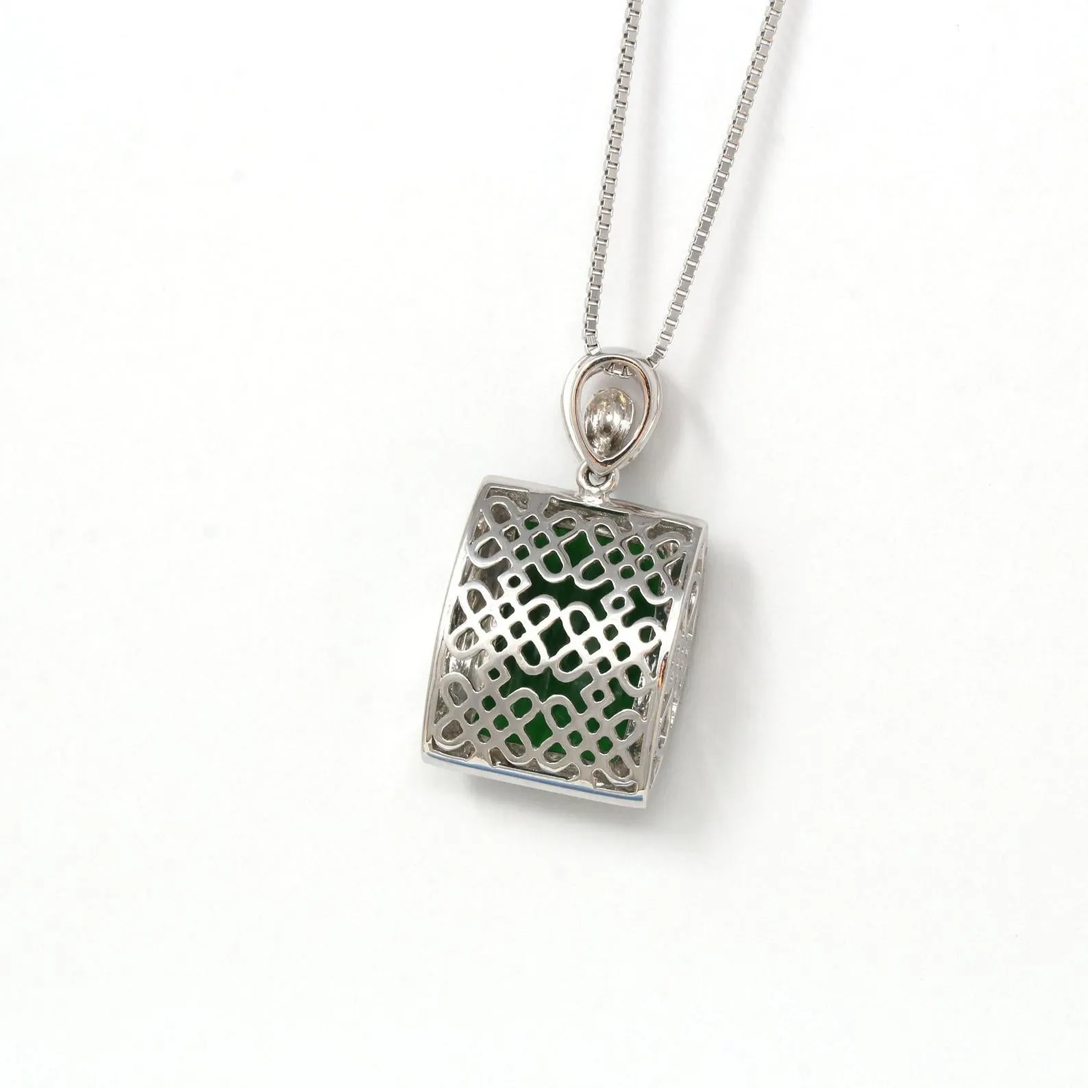 RealJade® Co. "Lucky Bamboo" 18k White Gold Genuine Burmese Jadeite RuYi Pendant Necklace With Diamond