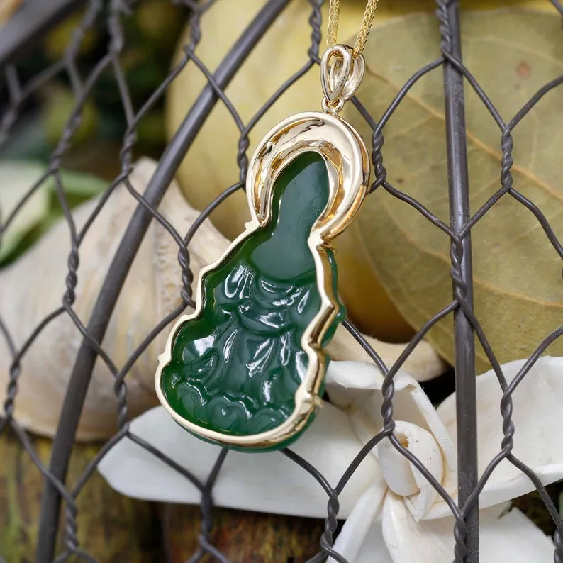 RealJade® Guan Yin 18k Yellow Gold Genuine Nephrite Green Jade Guanyin Buddha Pendant Necklace #N11