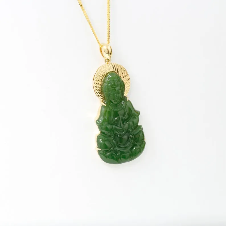 RealJade® Guan Yin 18k Yellow Gold Genuine Nephrite Green Jade Guanyin Buddha Pendant Necklace #N11