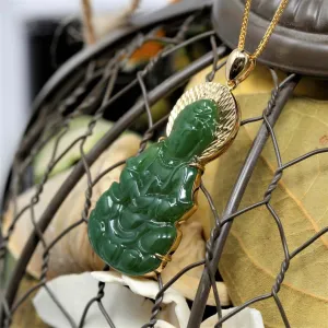 RealJade® Guan Yin 18k Yellow Gold Genuine Nephrite Green Jade Guanyin Buddha Pendant Necklace #N11