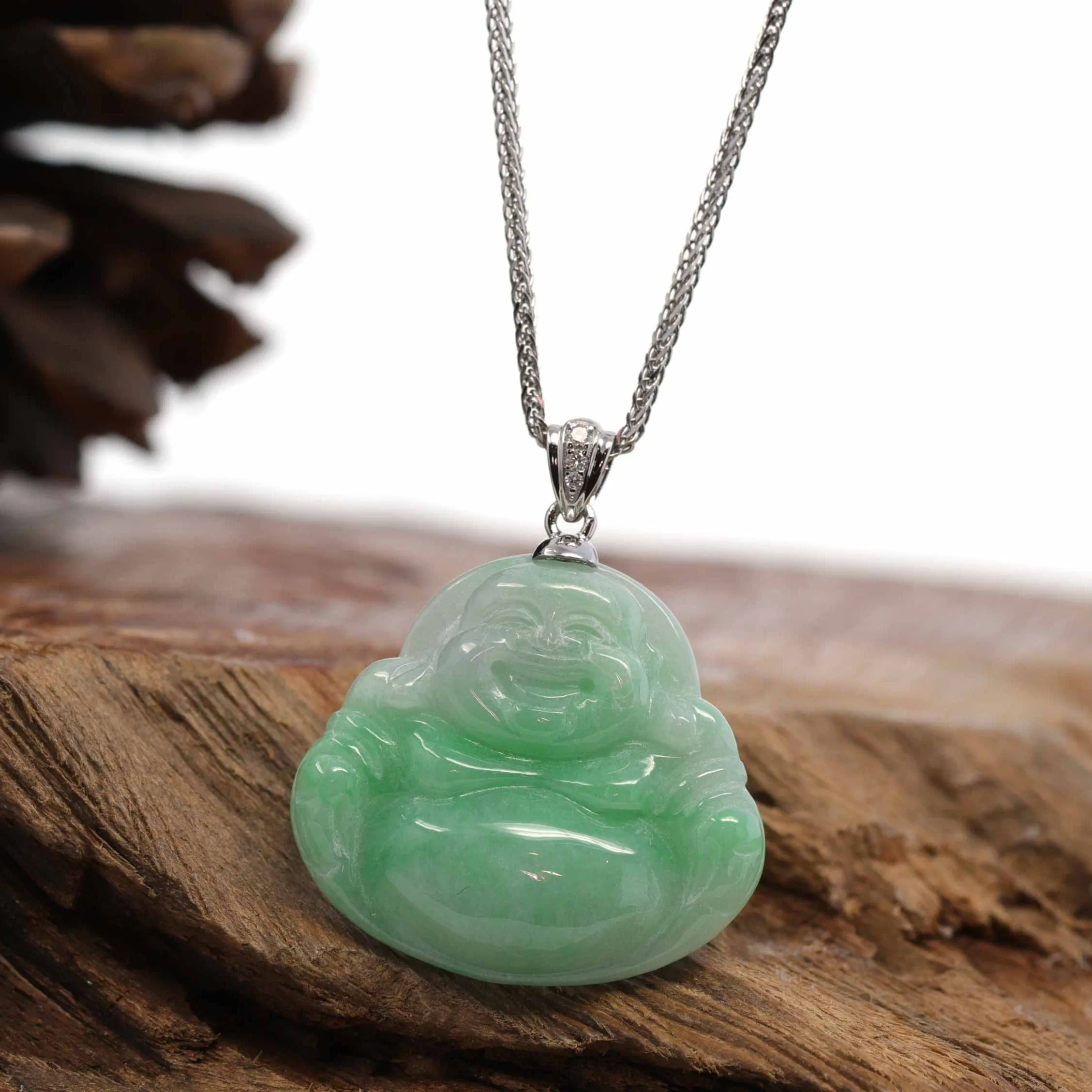 RealJade® "Laughing Buddha" Genuine Vibrant Green Jadeite Buddha Pendant Necklace With 14k White Gold Diamond  Bail
