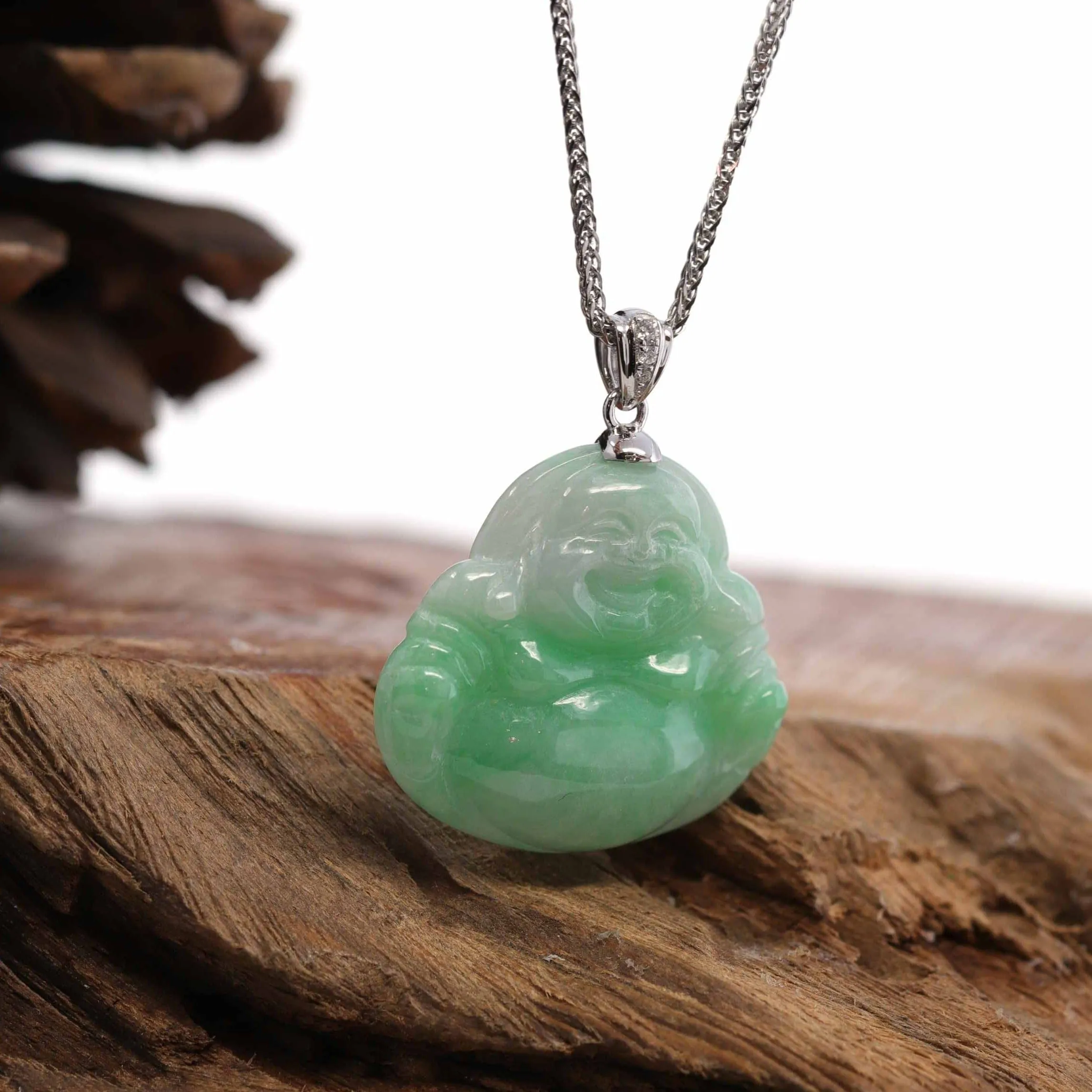 RealJade® "Laughing Buddha" Genuine Vibrant Green Jadeite Buddha Pendant Necklace With 14k White Gold Diamond  Bail