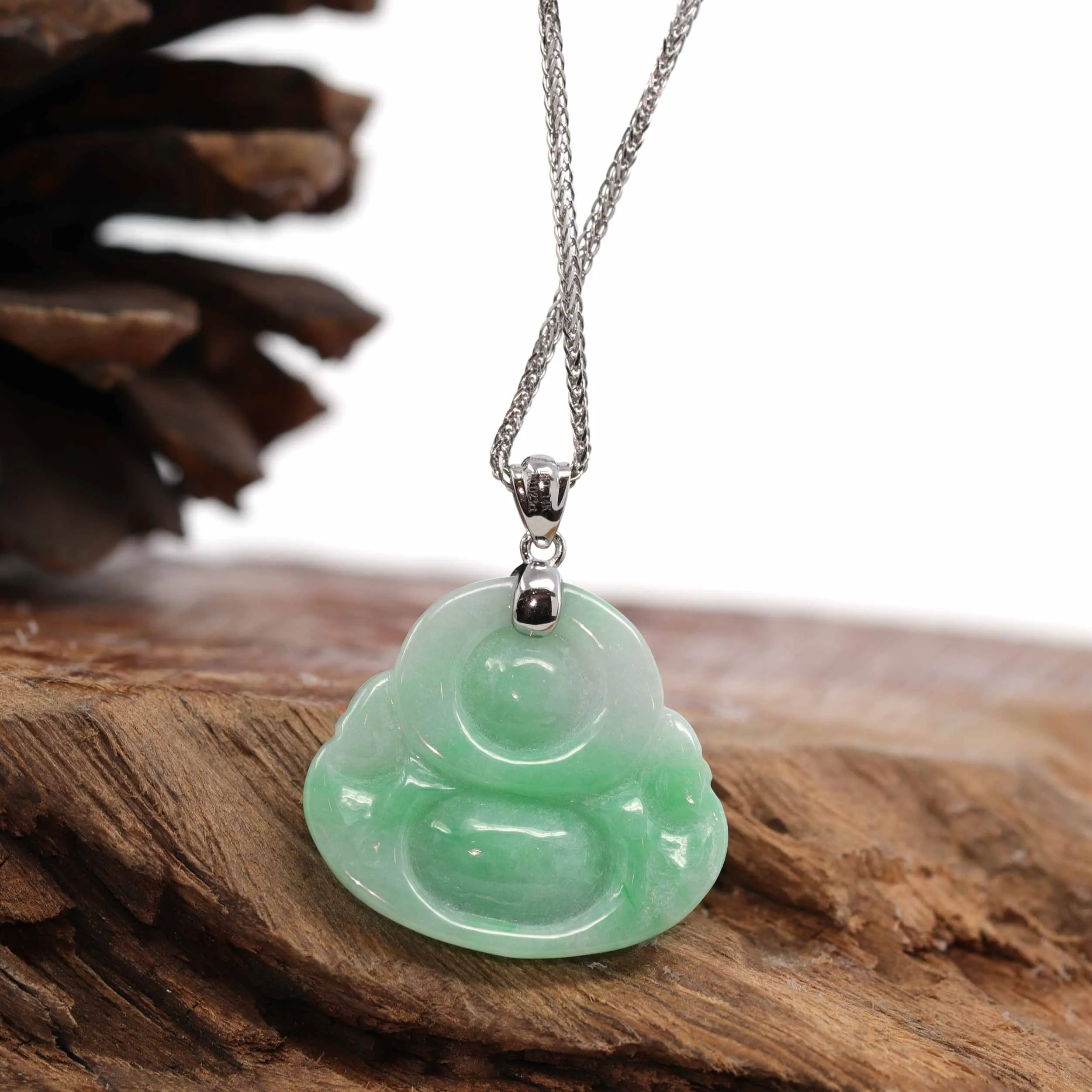 RealJade® "Laughing Buddha" Genuine Vibrant Green Jadeite Buddha Pendant Necklace With 14k White Gold Diamond  Bail