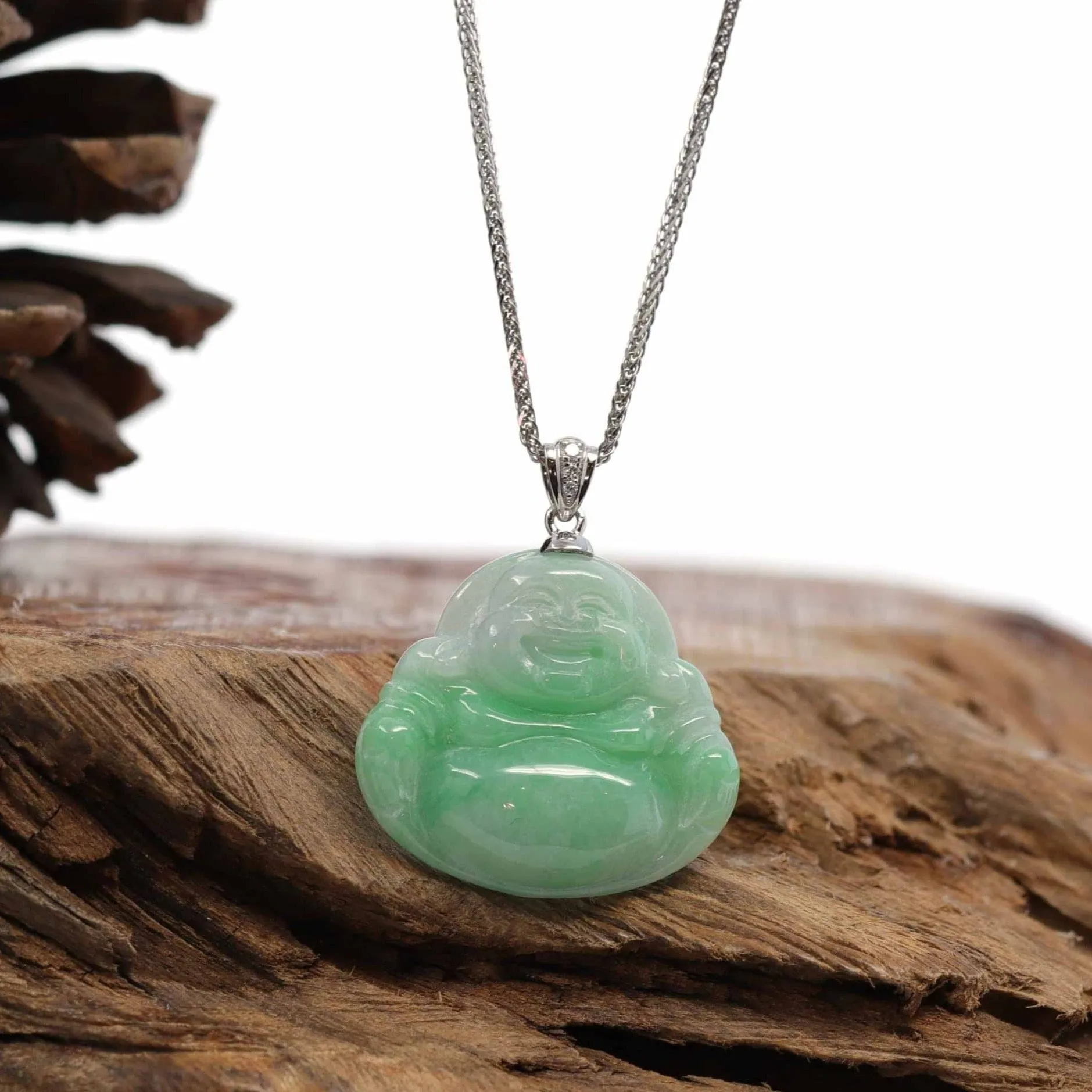 RealJade® "Laughing Buddha" Genuine Vibrant Green Jadeite Buddha Pendant Necklace With 14k White Gold Diamond  Bail