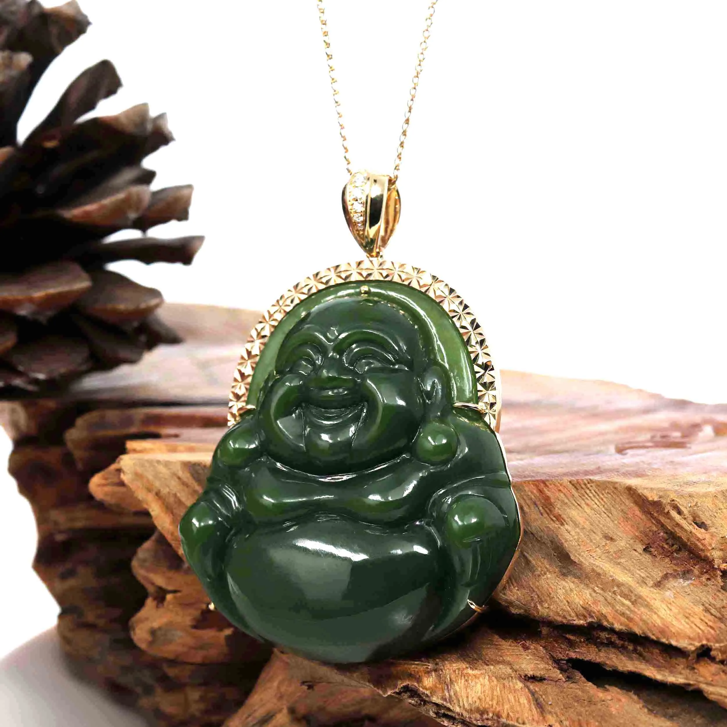 RealJade® "Laughing Buddha" Large 14k Yellow Gold Genuine Nephrite Green Jade with Diamonds Buddha Pendant Necklace High-end Collectable