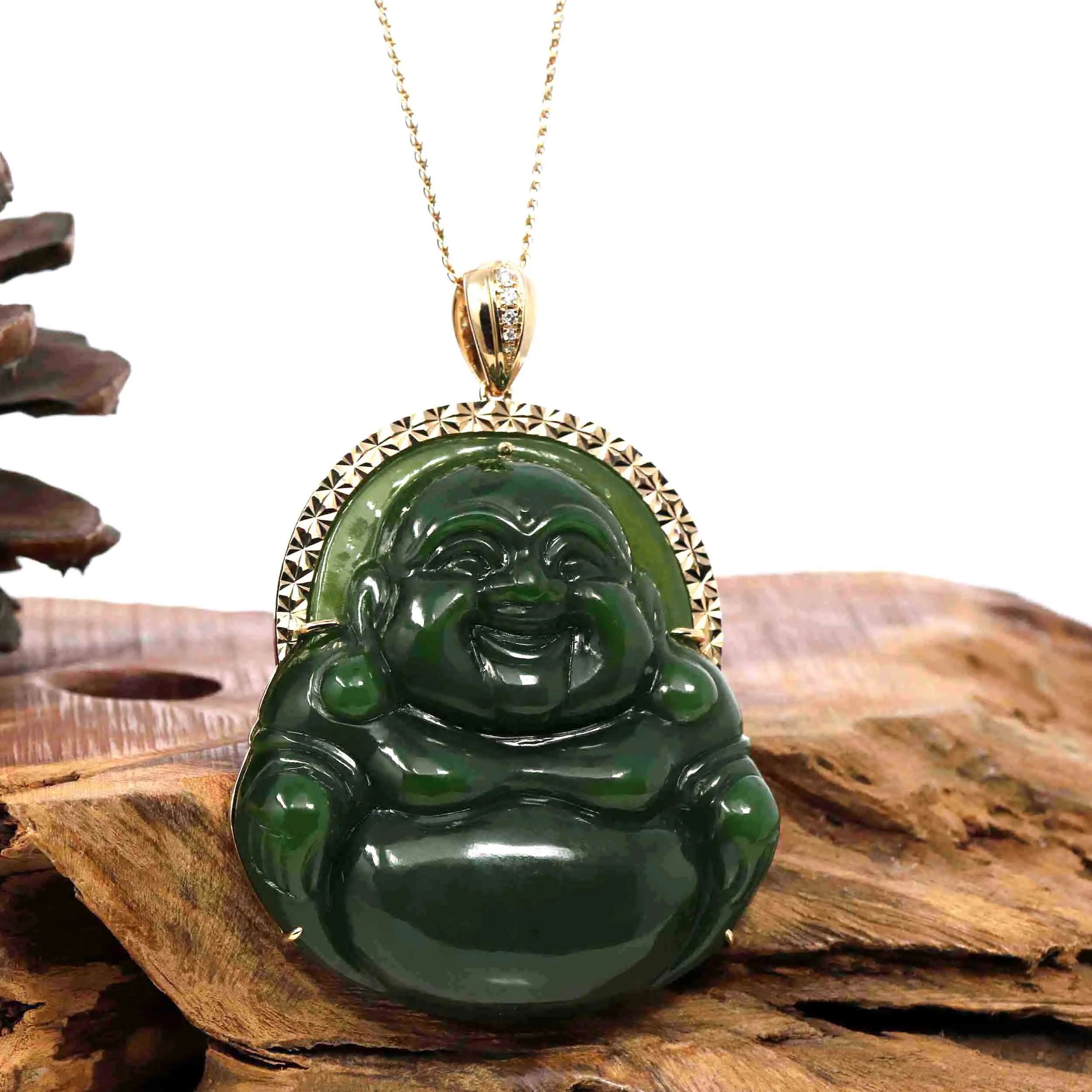 RealJade® "Laughing Buddha" Large 14k Yellow Gold Genuine Nephrite Green Jade with Diamonds Buddha Pendant Necklace High-end Collectable