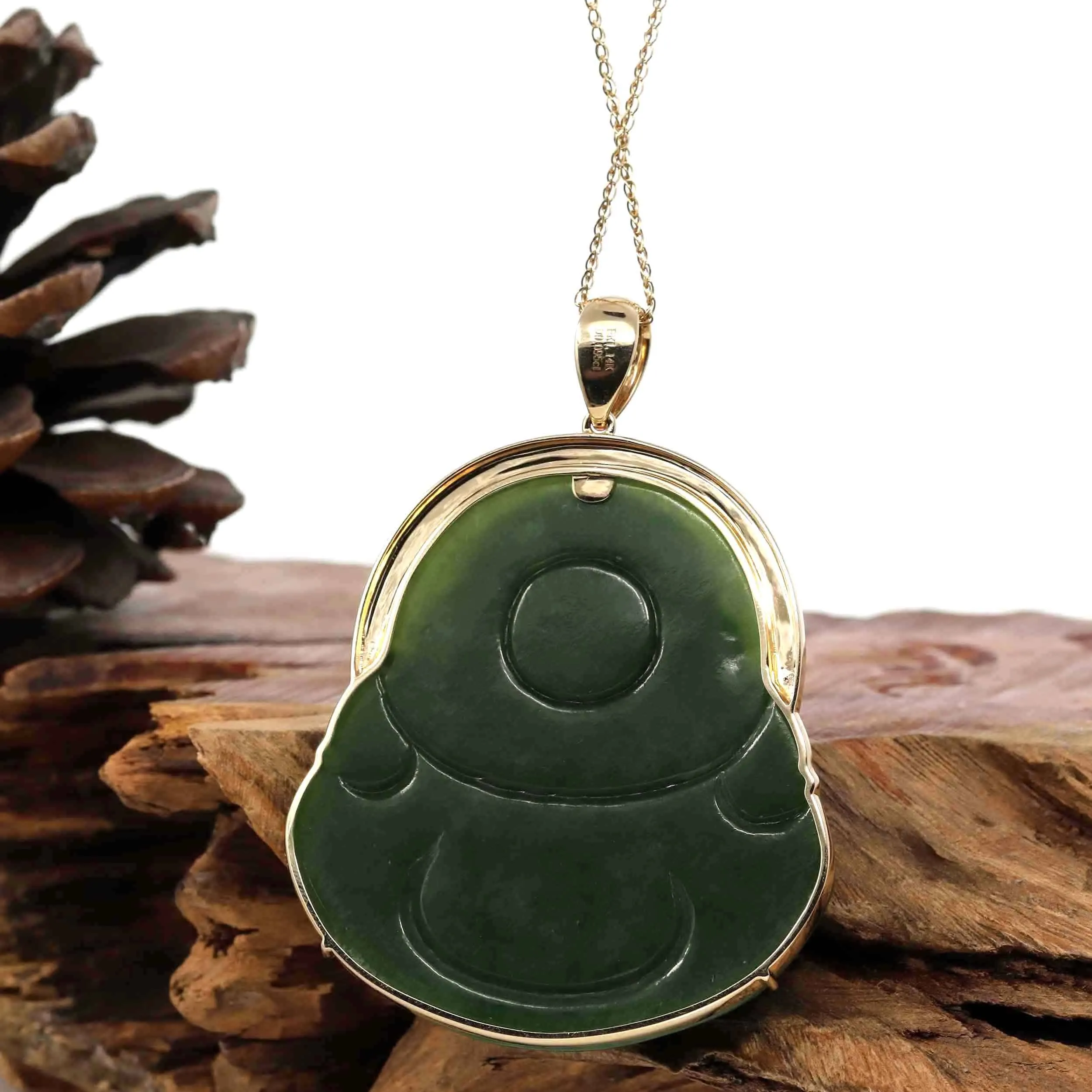 RealJade® "Laughing Buddha" Large 14k Yellow Gold Genuine Nephrite Green Jade with Diamonds Buddha Pendant Necklace High-end Collectable