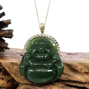 RealJade® "Laughing Buddha" Large 14k Yellow Gold Genuine Nephrite Green Jade with Diamonds Buddha Pendant Necklace High-end Collectable