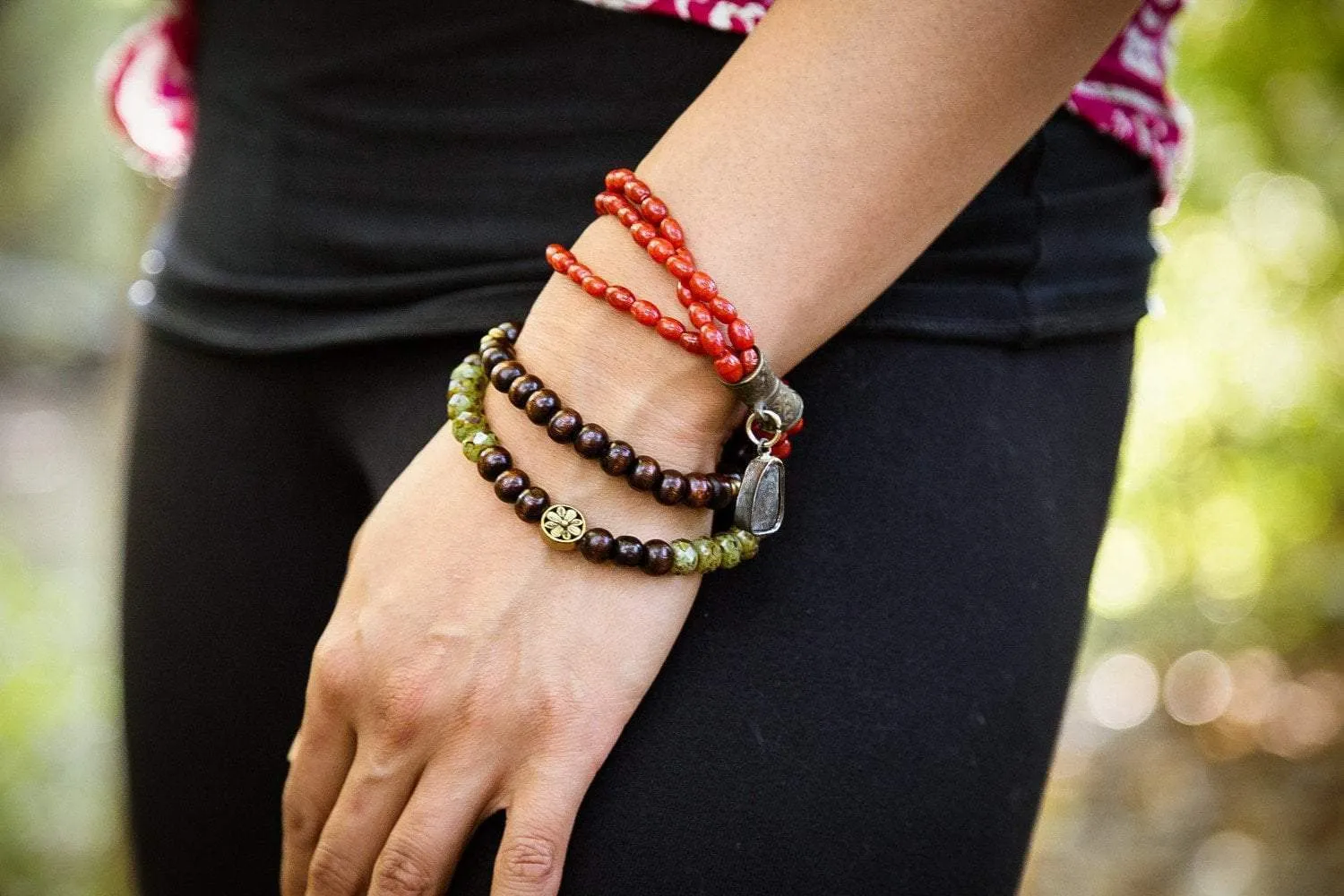 Red Bamboo Coral and Thai Amulet Bracelet